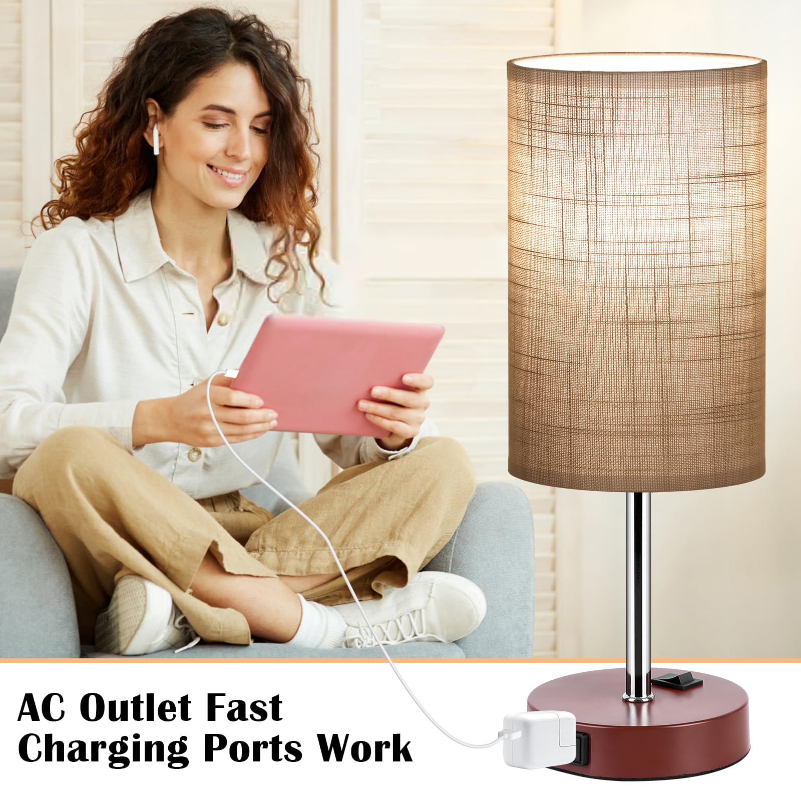 ZJOJO 3-Way Dimmable Bedside Table Lamps Set of 2, Metal, Brown, Simple Round Model, with AC Outlets for Bedroom and Living Room