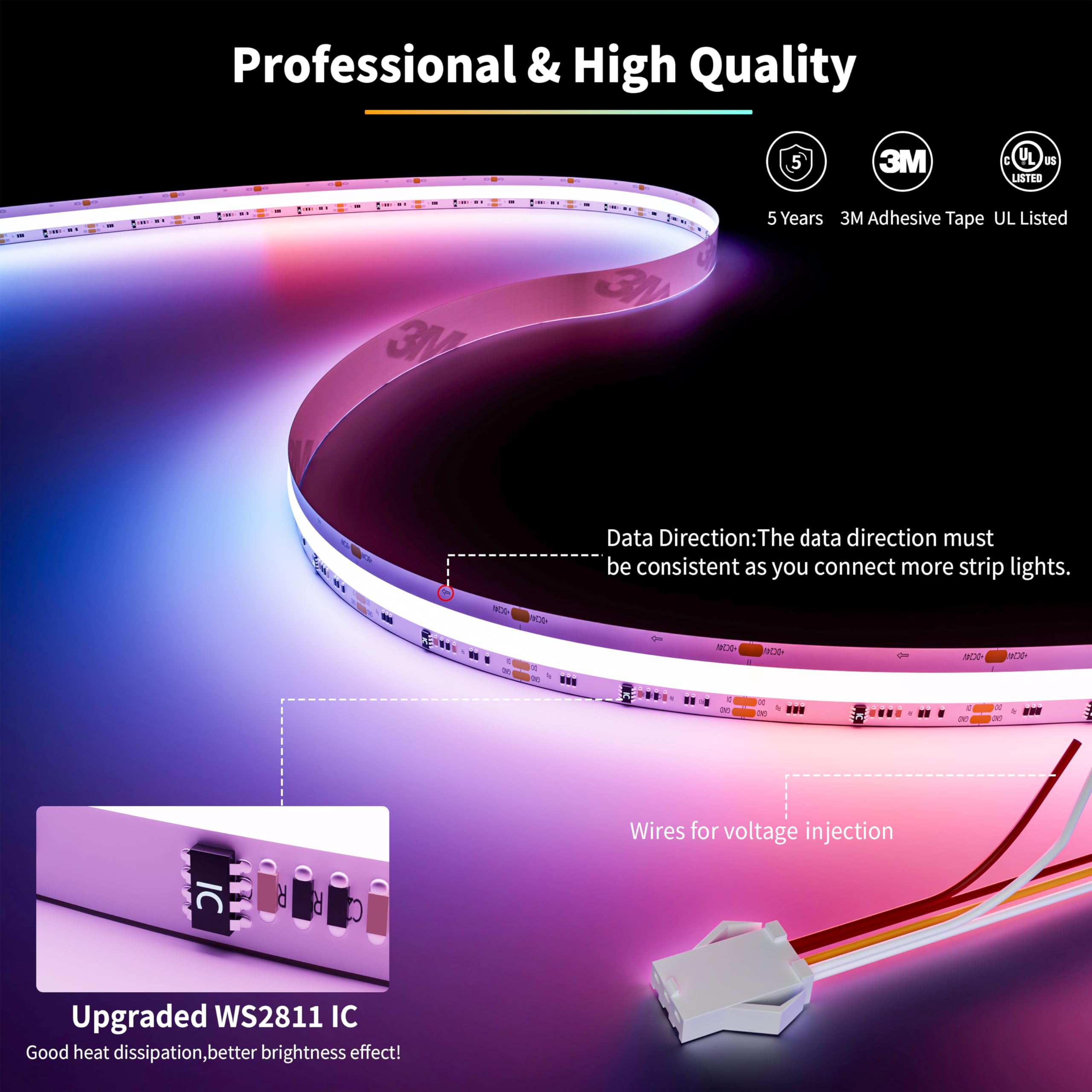 Pautix Rgb Smart Ic Cob Led Strip Light Ip65 Waterproof Addressable 20Ft/6.1M,720Leds/M Ul-Listed 24V Chasing Color Strip Light