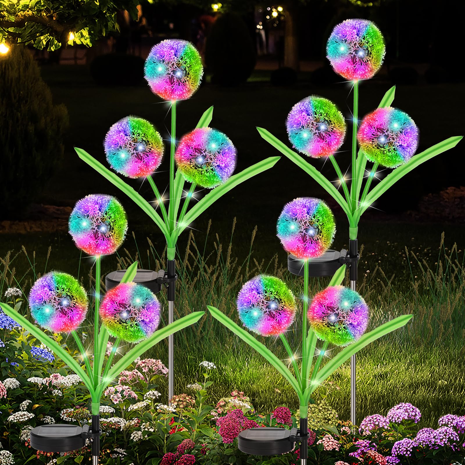 Lewondr 4 Pack Solar Garden Lights, Solar Flowers Lights with 4 Blooming Dandelion Flowers, Waterproof Solar Lights Outdoor for 