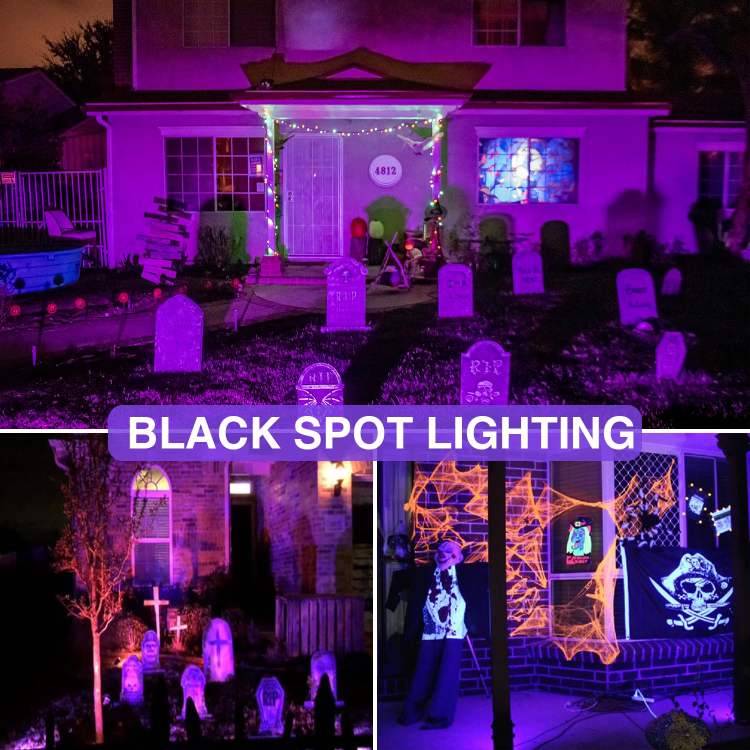 Sunvie Outdoor Black Light Spot Light Outdoor 12W Halloween Blacklight Spotlight Led Waterproof Black Light 120V Purple Lights Halloween Light Outdoor Black Lights For Glow Party Fluorescent, 4 Pack