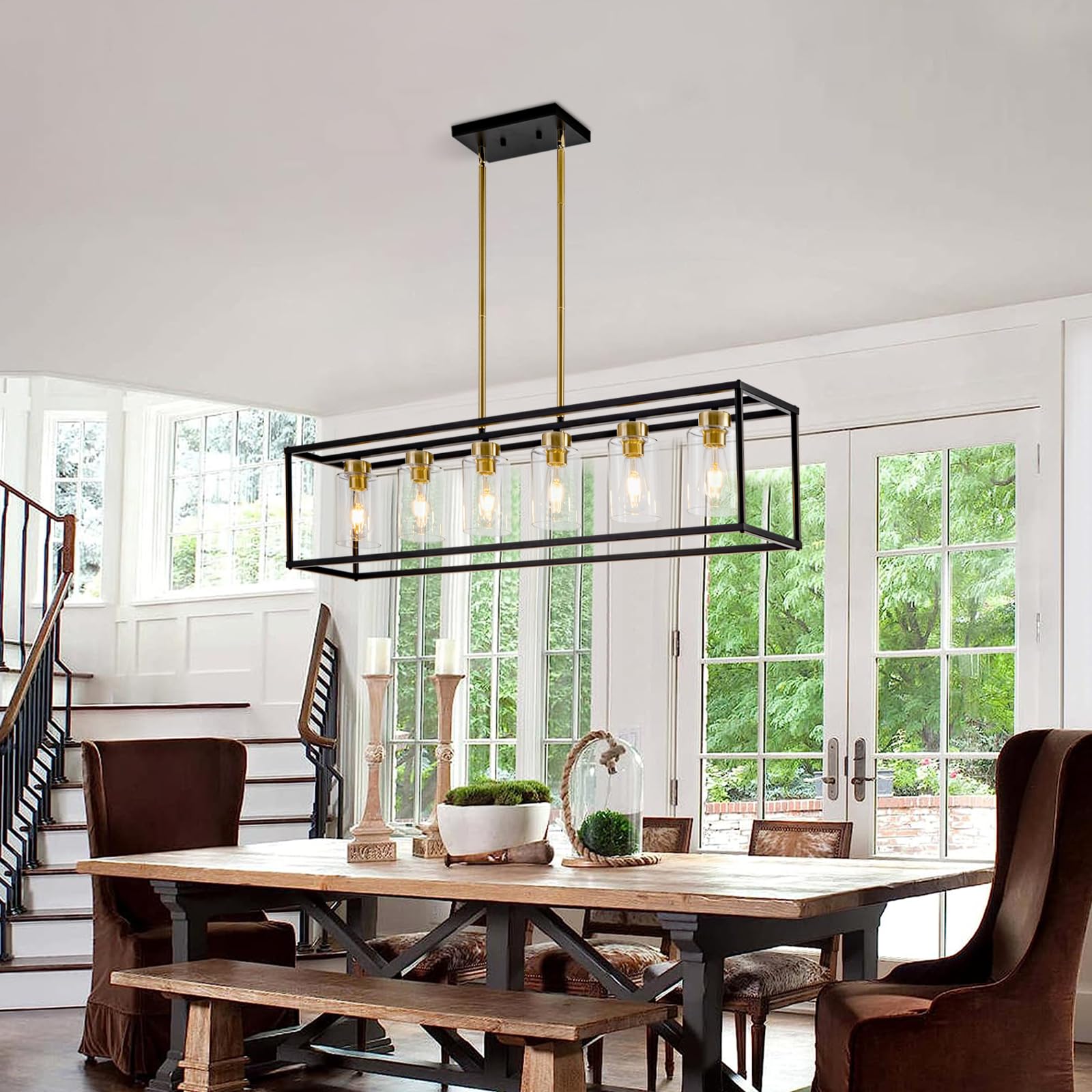 Hccz 6-Light Modern Chandelier, Black & Brushed Brass, Glass Shade For Dining Room & Kitchen