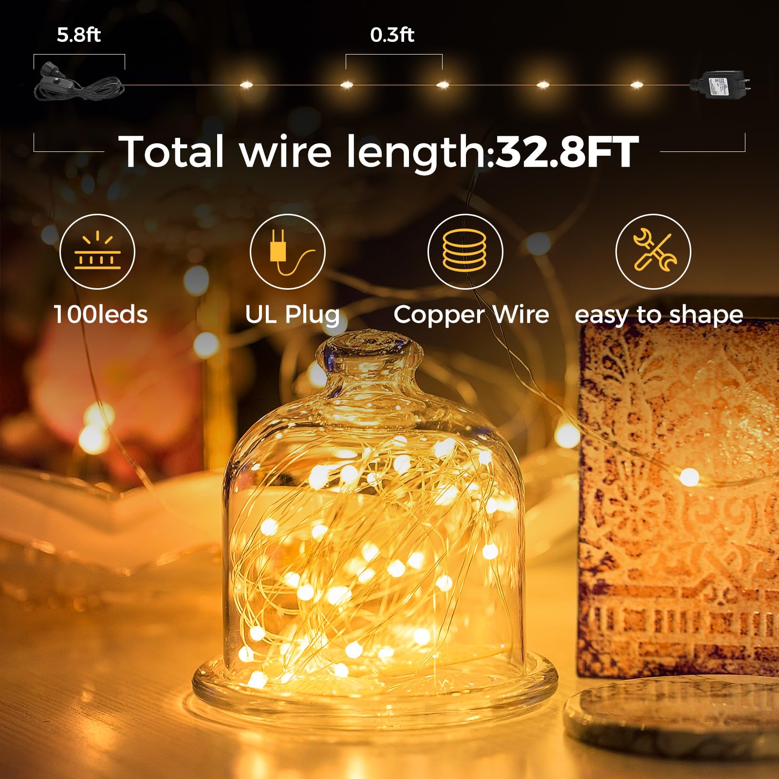 Ariceleo 33 Ft Fairy Lights, 100 LED Waterproof Copper Wire, Warm White, Model QC-DC-100L, Indoor Outdoor Decoration