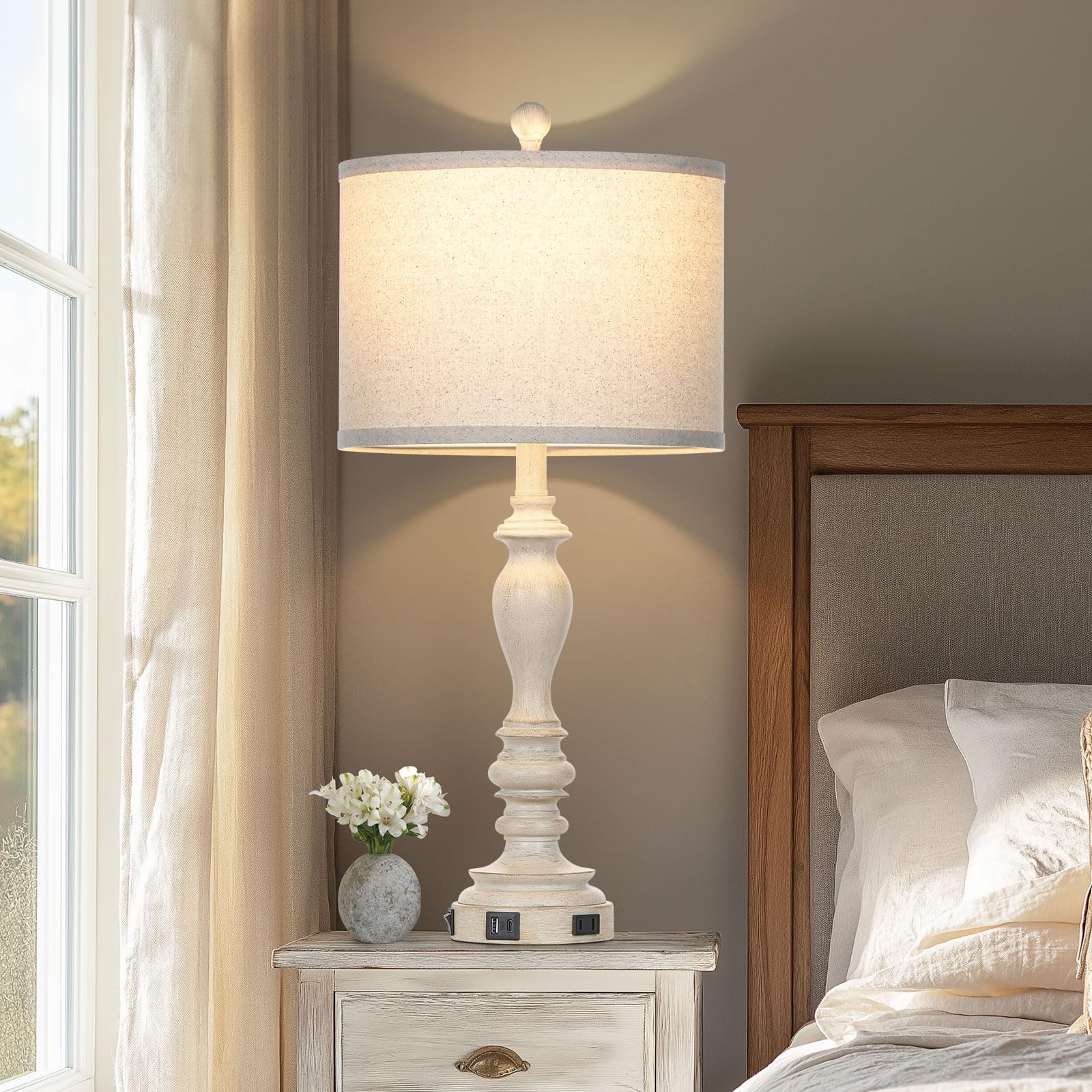 Cinyirong 27.5'' Single Table Lamp For Living Room, Farmhouse Bedside Lamps With Usb A+C Charging Ports For Bedroom Kids Room Do