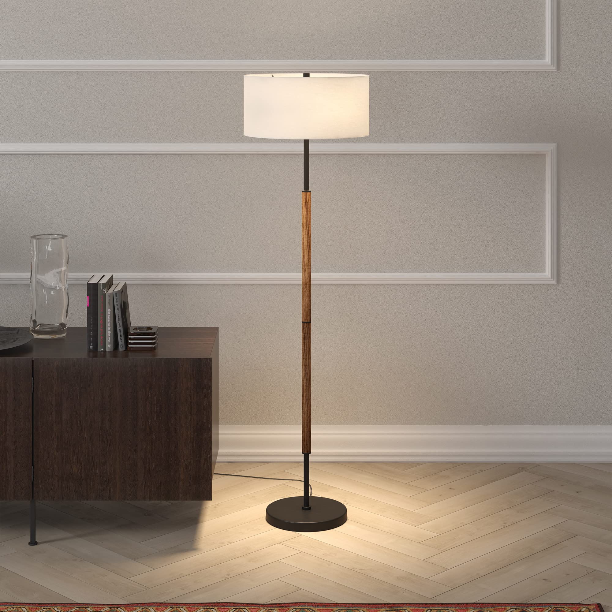 Henn&Hart 2-Light Floor Lamp, Fabric Shade, Blackened Bronze/Rustic Oak, 61&quot; Tall, Home Office