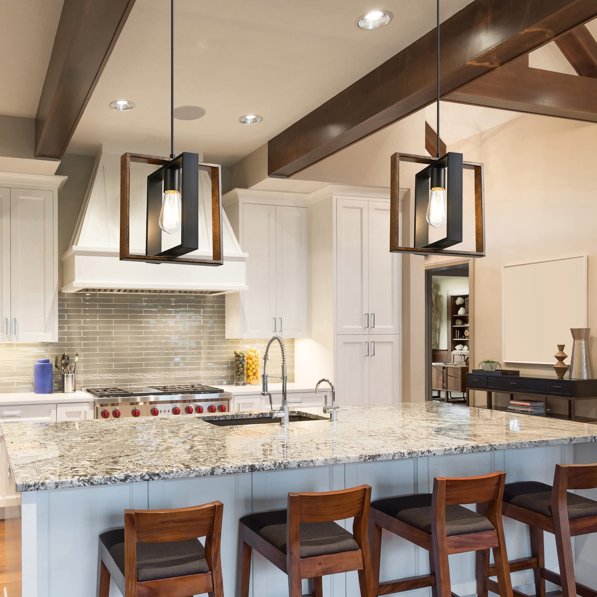 Edishine Farmhouse Pendant Light Fixture, Rustic Hanging Light Fixture With Wood Grain And Black Finish, Pendant Lighting For Ki