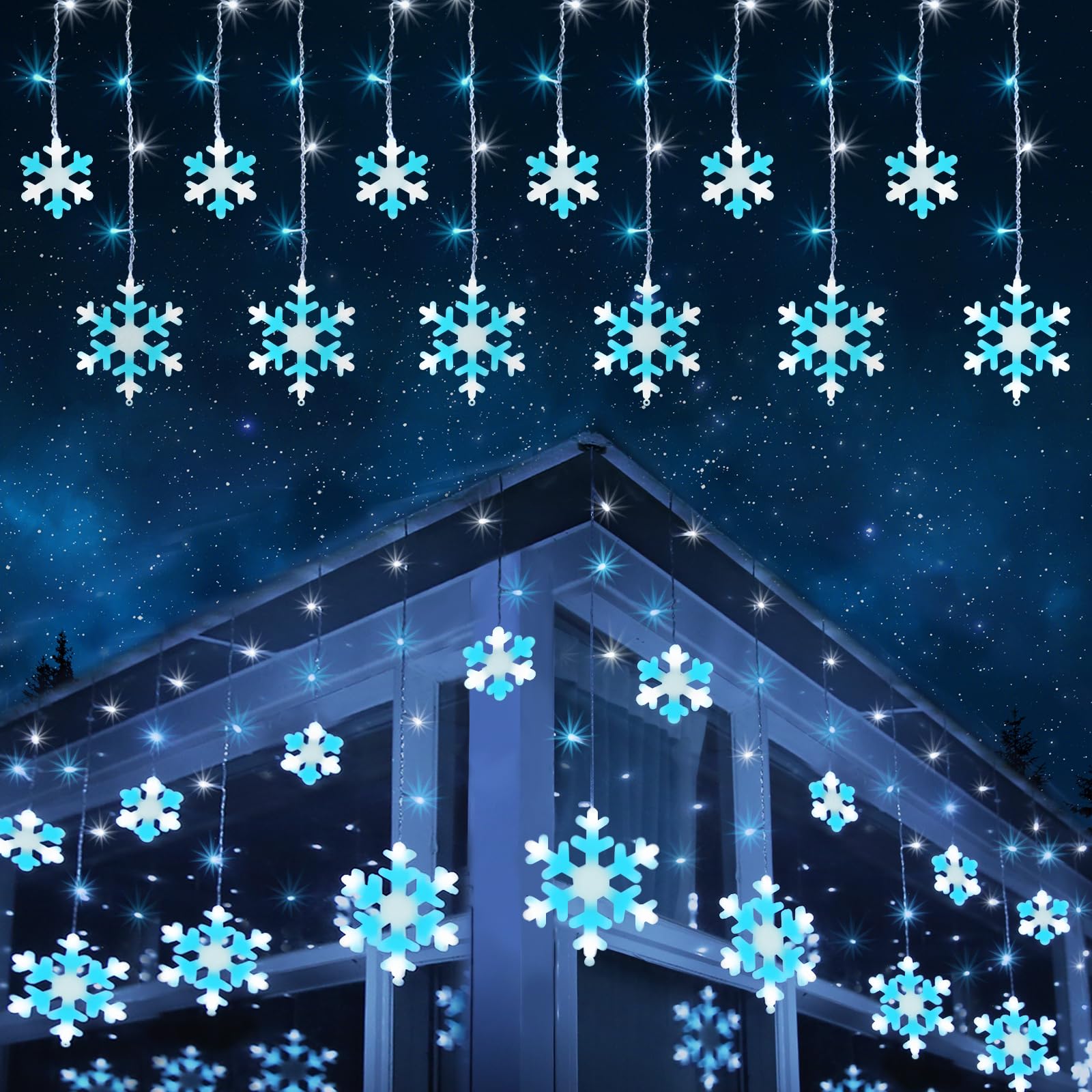 Toodour Christmas Snowflake Lights, 264 LED, 17.22ft, Waterproof, 8 Modes, White & Ice Blue, Model LED08240264