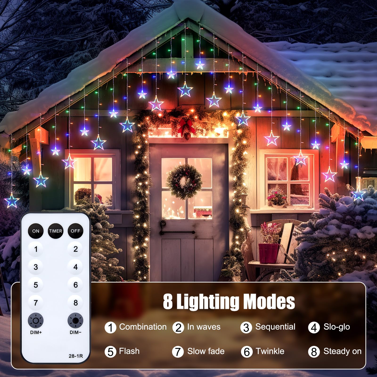 Minetom Star Curtain Lights - 138 LED 12 Star Christmas Window Lights with Remote and Timer, 8 Modes and Dimmable, Connectable S