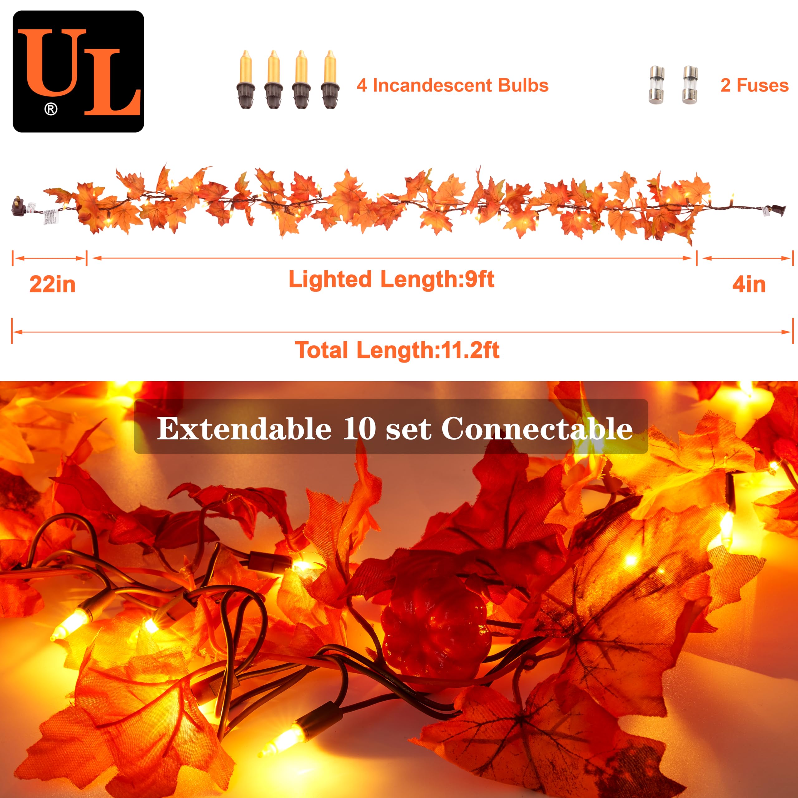 Fall Decor 11Ft Fall Garland With Lights - 50 Bulbs Plug In Fall Lights, Thanksgiving Decorations Indoor Outdoor Connectable Fall String Lights Leaves With Pumpkin, Thanksgiving Halloween Decorations
