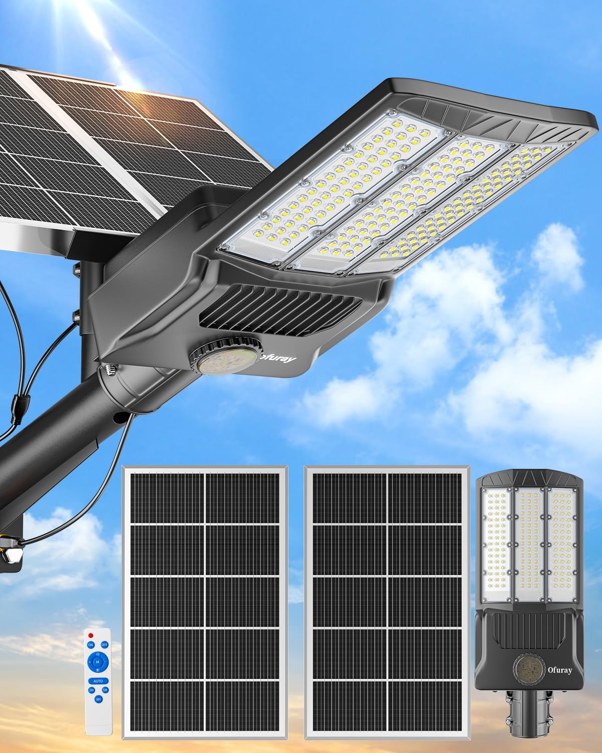 Ofuray Solar Street Light, 800000LM, 6500K LED, Model Of-11000W, Black, Remote Control, Dusk to Dawn, Outdoor Security Lighting