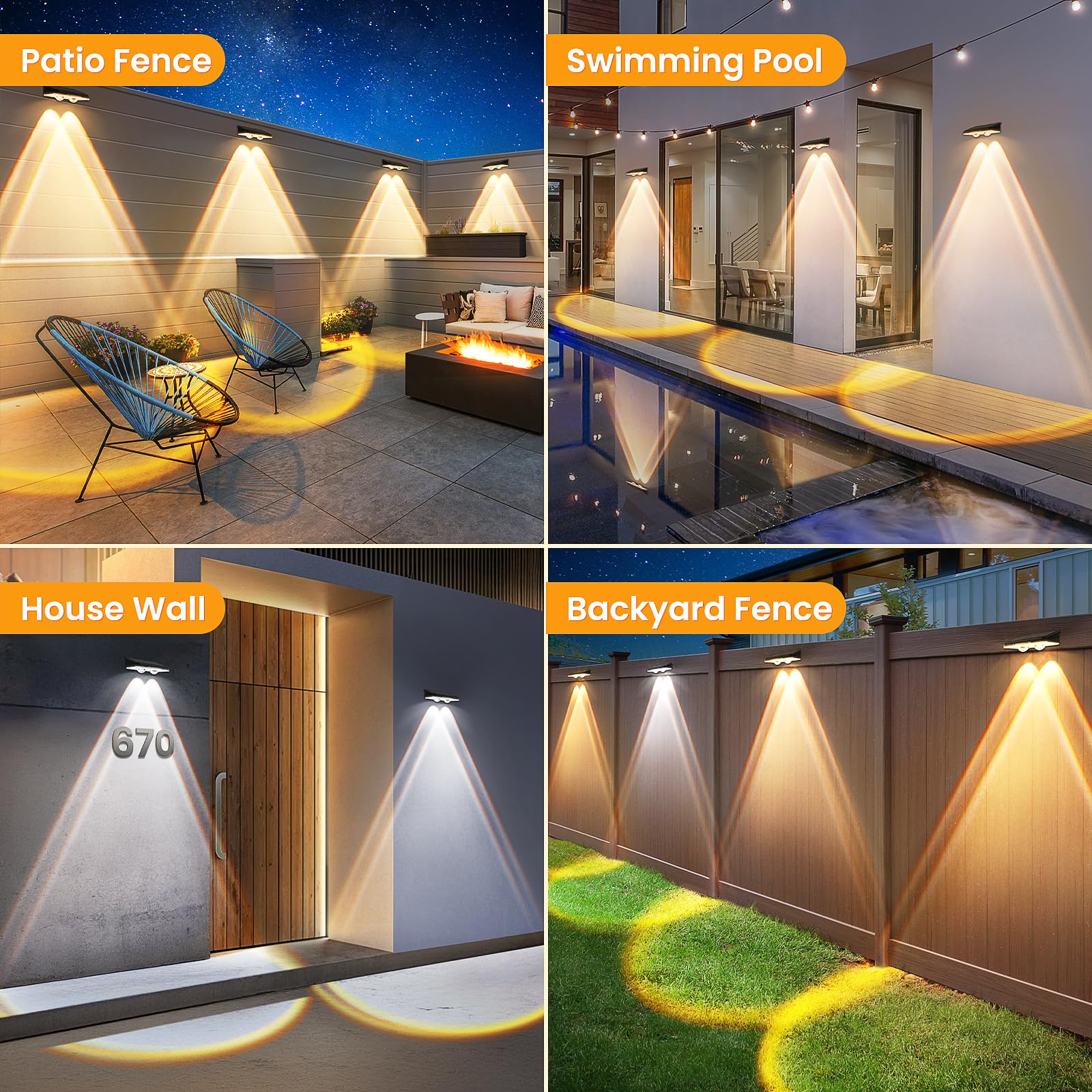 APILAB Solar Fence Lights - 8 Pack, IP65 Waterproof, 3 Modes (Warm/Neutral/Cool White), Model FL224AB, Durable ABS Material