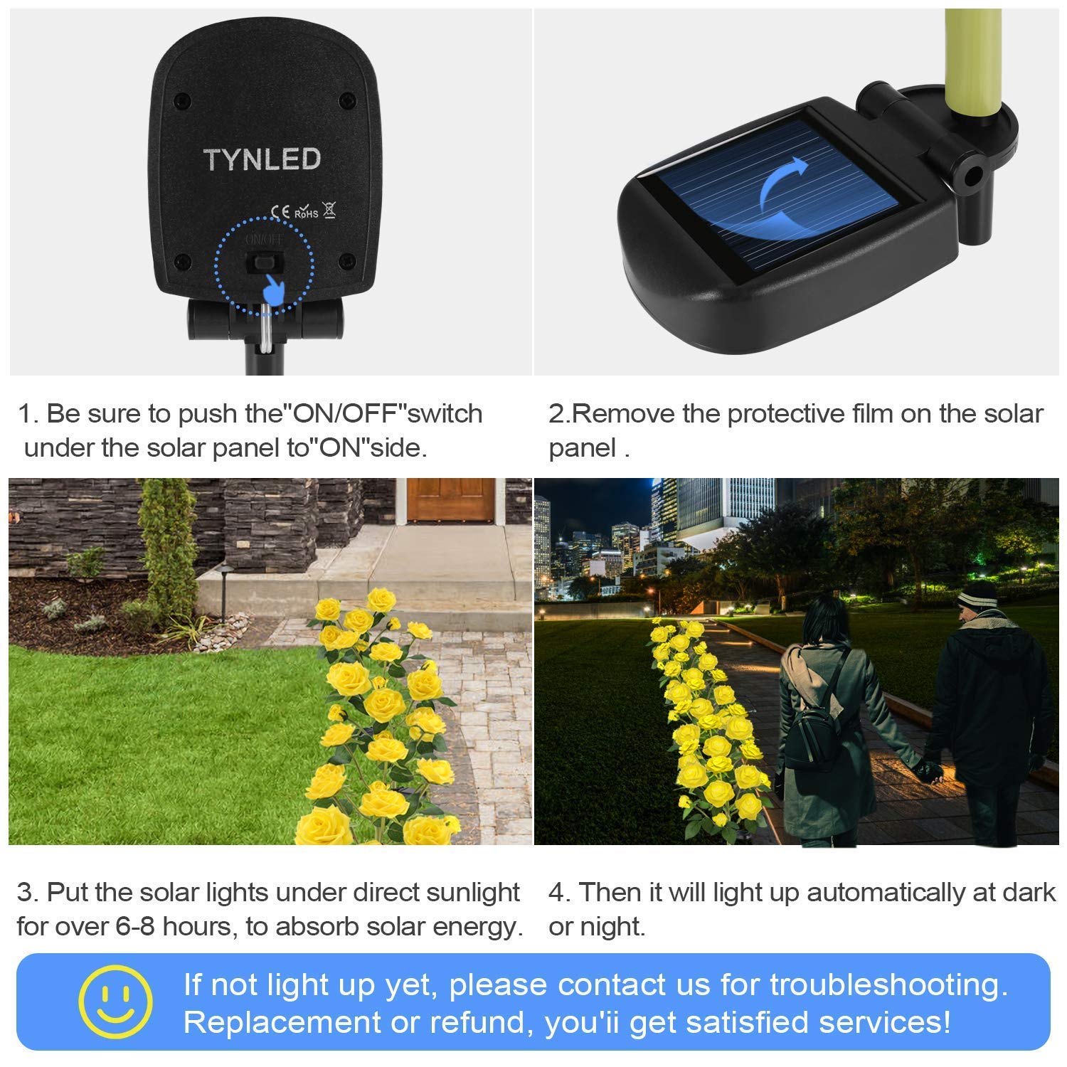 Tynled Outdoor Solar Garden Stake Lights, 6 Rose Flowers, Waterproof, Yellow, 1 Pack