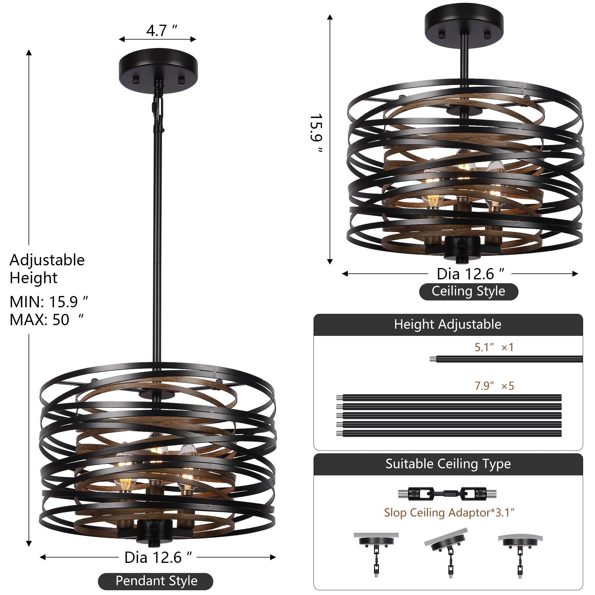 Sigaitwei 3-Light Rustic Black Drum Chandelier, Metal Light Fixture for Kitchen, Entryway, Living Room
