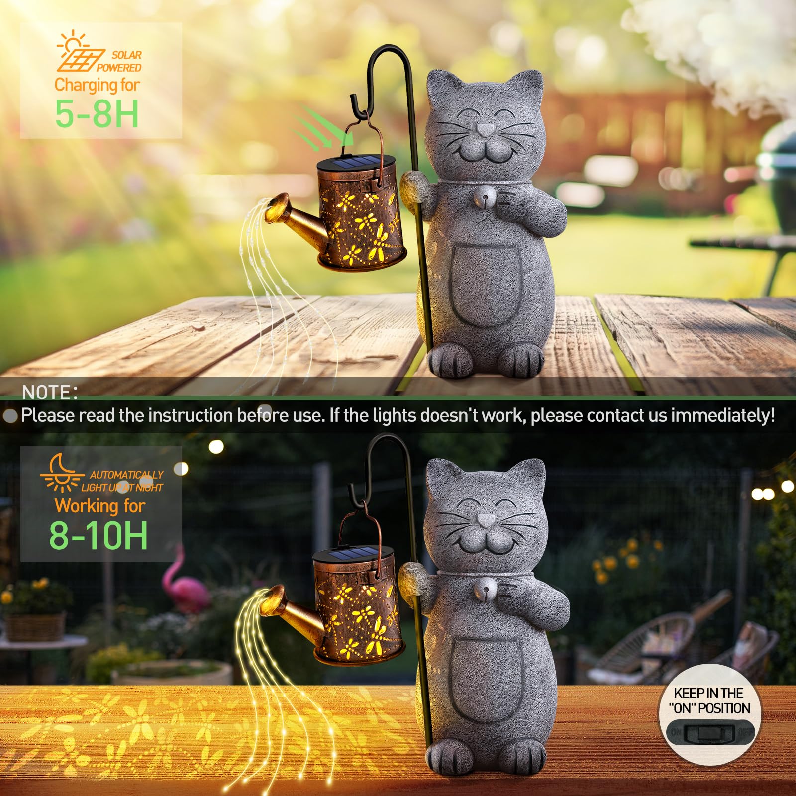Hinshark Solar Garden Cat Statue With Kettle Light - Perfect Valentines & Birthday Gifts For Cat Lovers