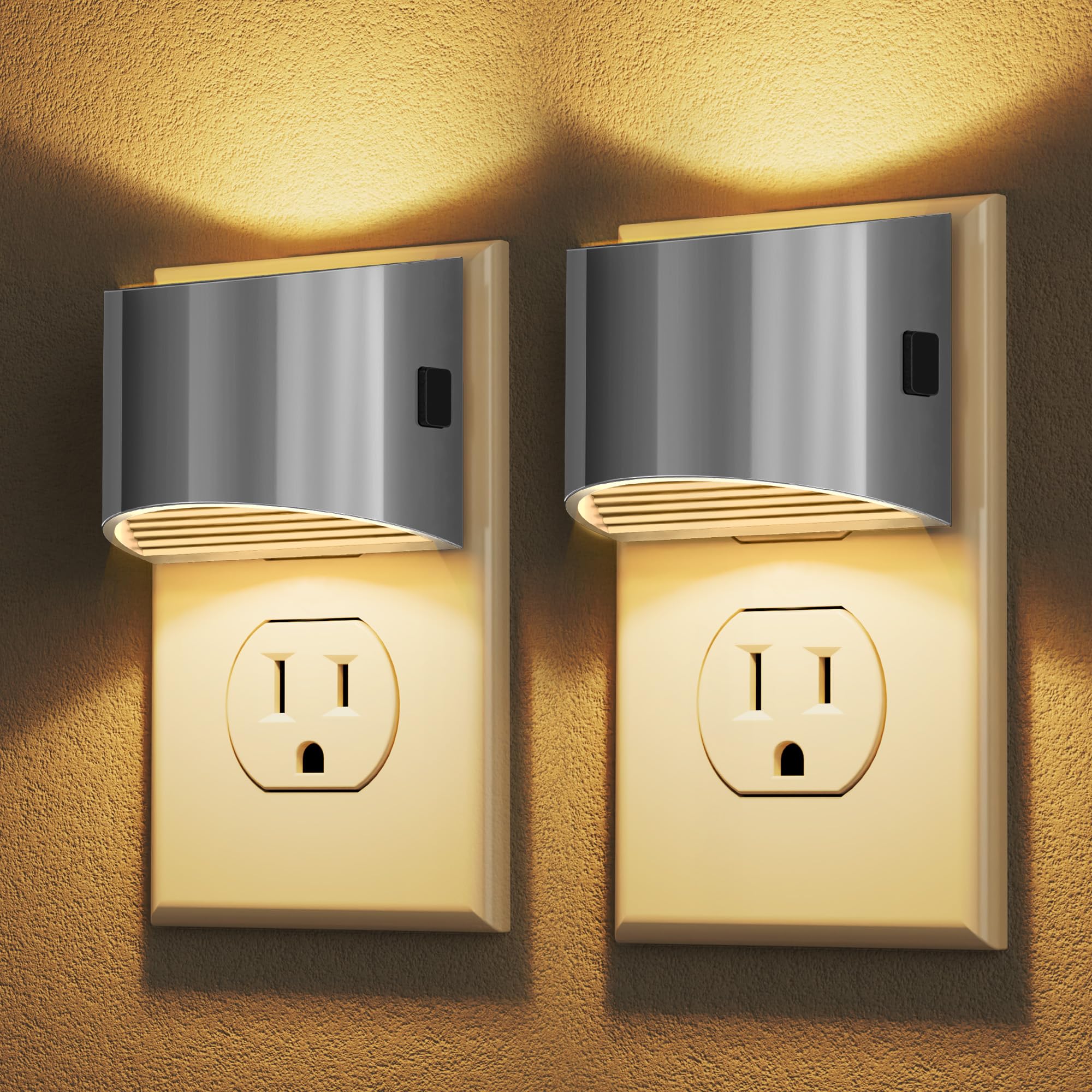 DORESshop LED Night Light[2 Pack]  Night Lights Plug into Wall  3 Level Brightness Adjustable Plug in Night Light  Dusk to Dawn Sensor Nightlights for For Mature Userss Bedroom Hallway 3000K -Chrome Cover