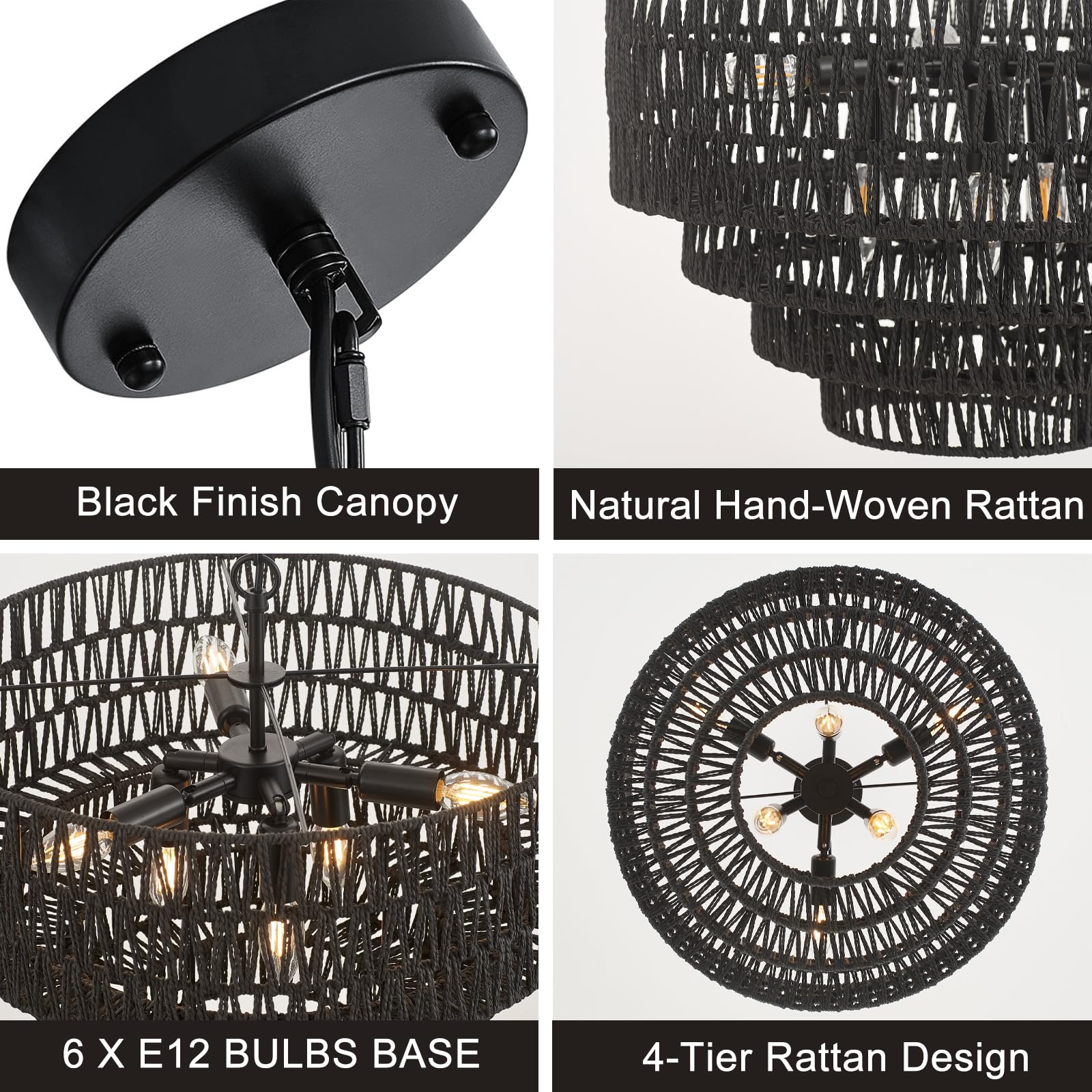 Yomecoo 19.7'' Black Rattan Chandelier Vintage 6-Lights Farmhouse Boho Hand-Woven Bamboo Black Chandeliers Light Fixture Retro D