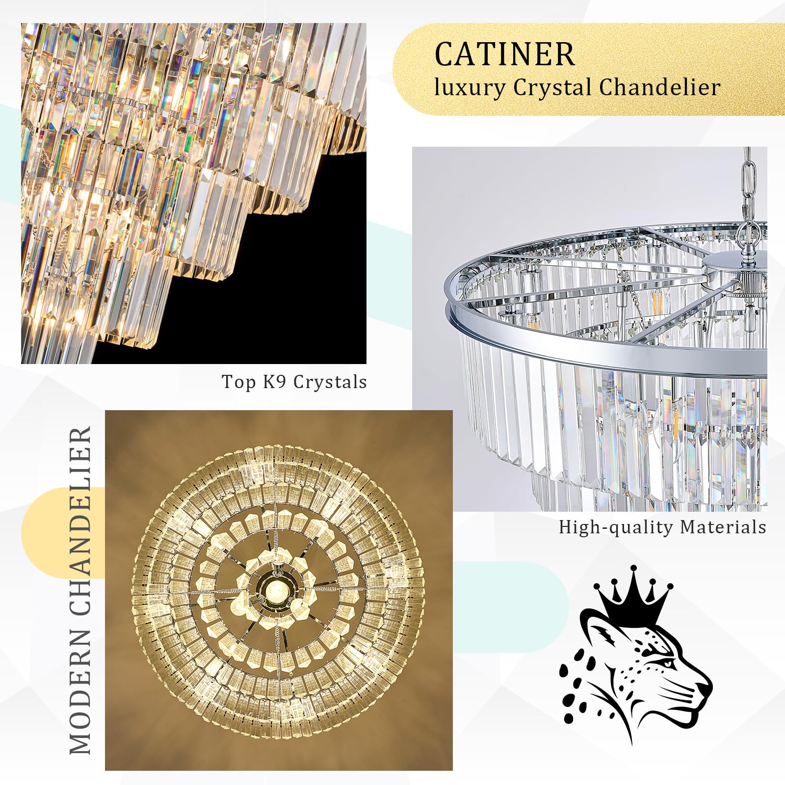 CATINER Large Chrome Crystal Chandelier, 30” 5-Tier 16 Lights Pendant Lighting for Living Room, Dining Room, Foyer, Model 91-750C