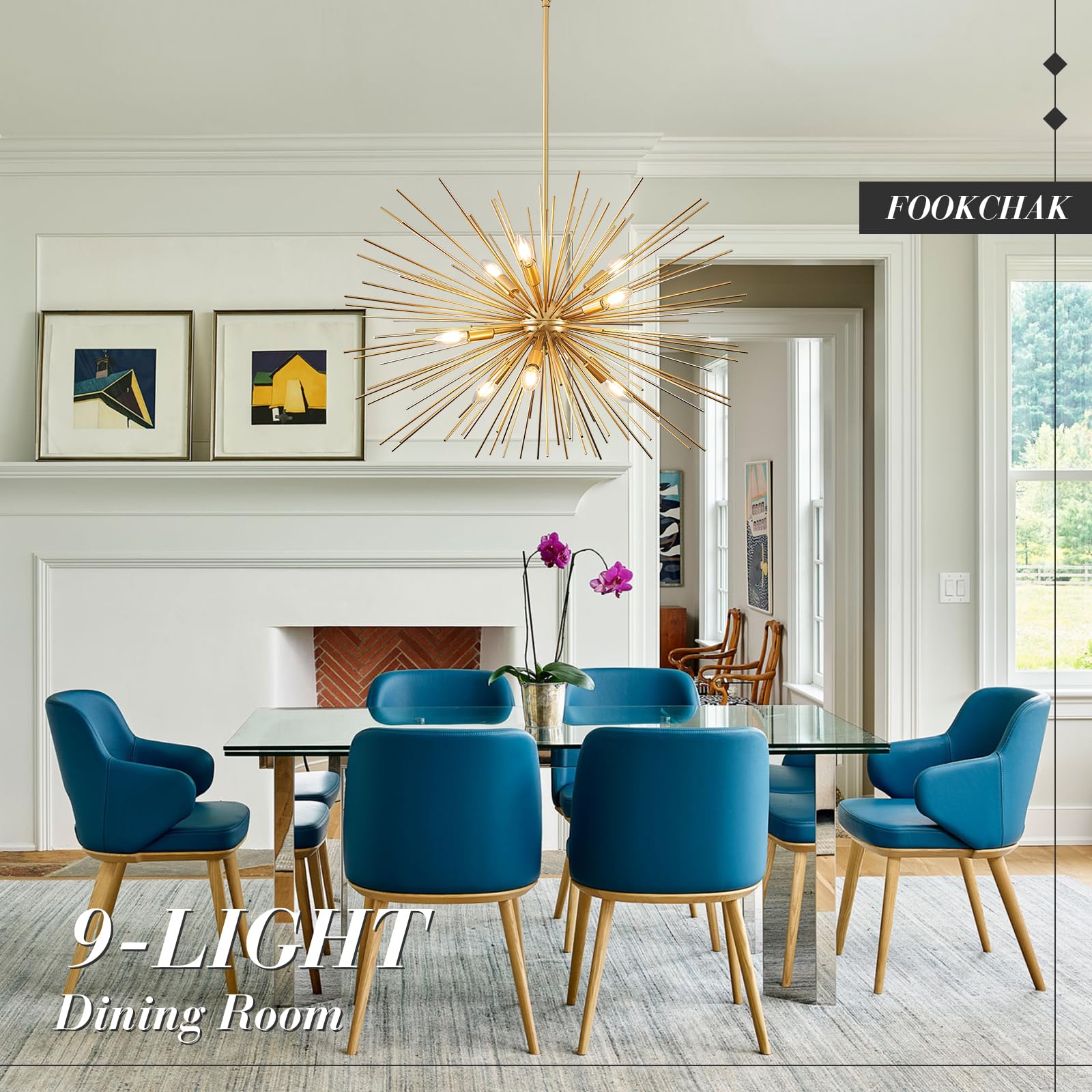 FookChak 32in Gold Sputnik Chandelier, 9-Light Metal Starburst Fixture, Mid-Century Modern Design for Living Room, Dining Room, Foyer