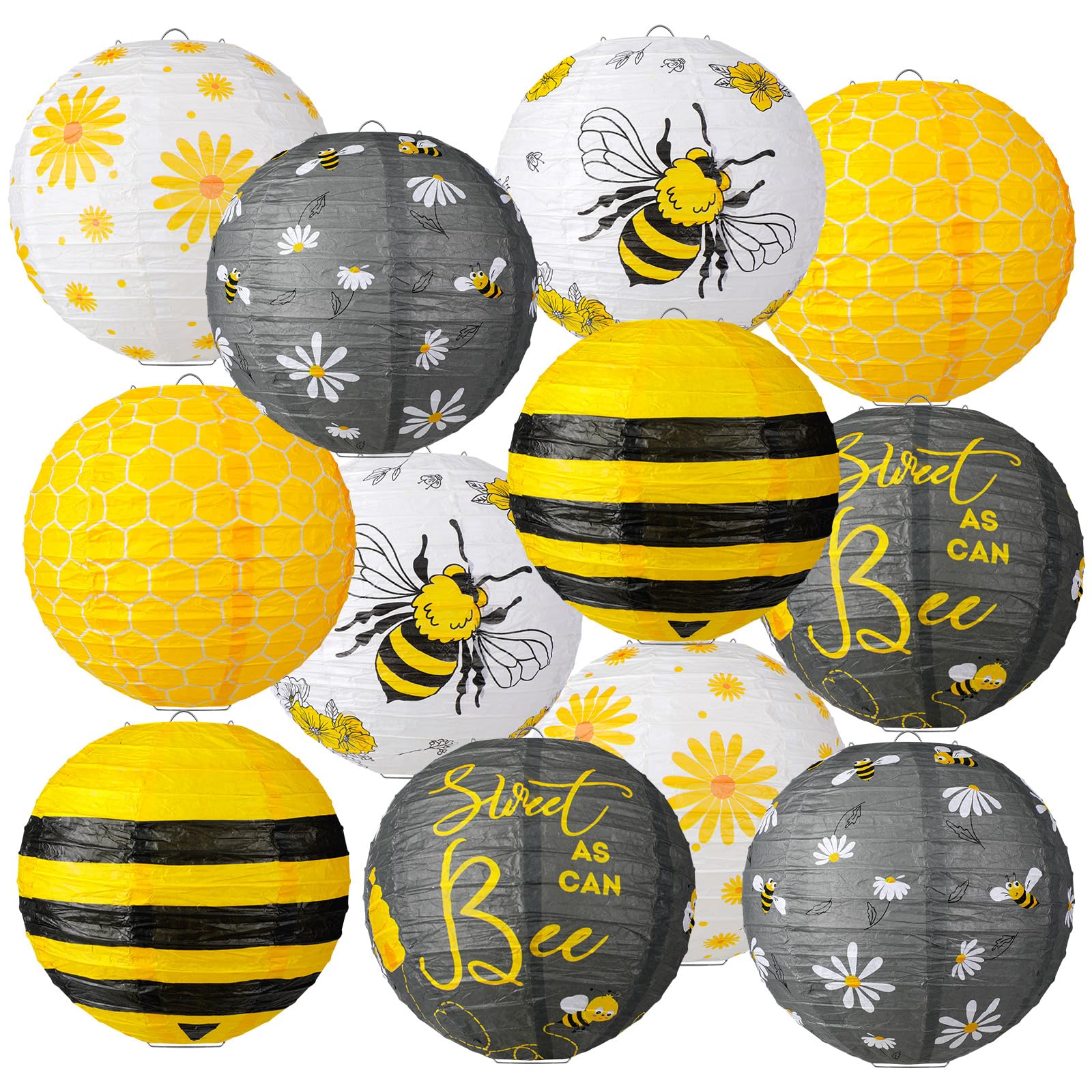 Panelee 12 Pcs Bee Paper Lanterns Party Decorations 8 Inch Hanging Round Hanging Paper Party Decorations For Holiday Indoor Outd