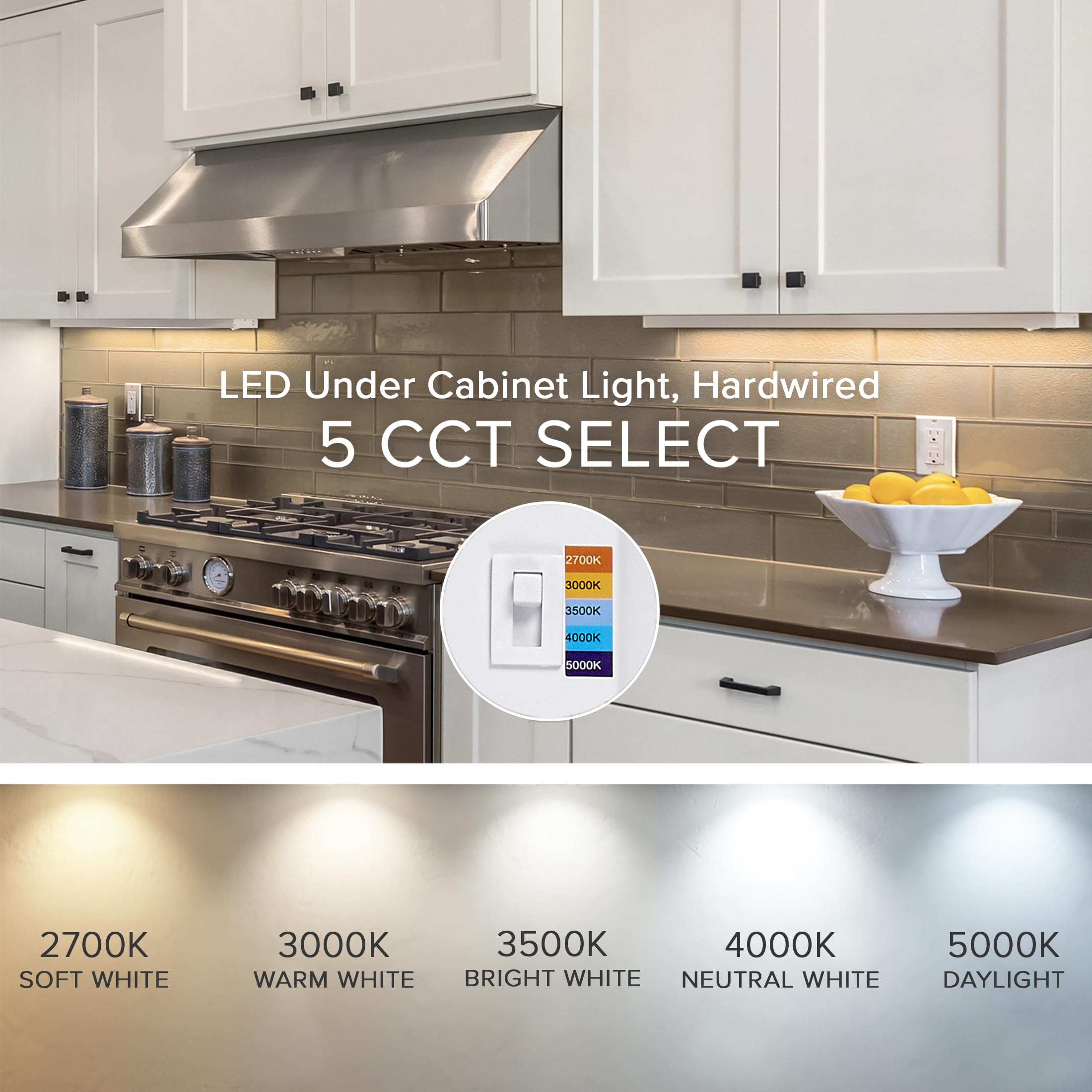 Maxxima LED Under Cabinet Light, 18 Inch, 750 Lumens, 5 CCT Color Temp, White, Model MSL-189003, Hardwired, On/Off Switch
