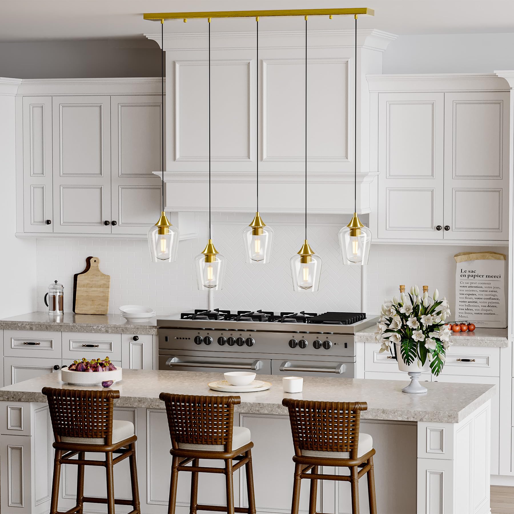 VONLUCE 5-Light Pendant Light Fixture, Modern Metal Pendant with Wine Glass Shades, Brushed Gold, Adjustable Height 10"-55"