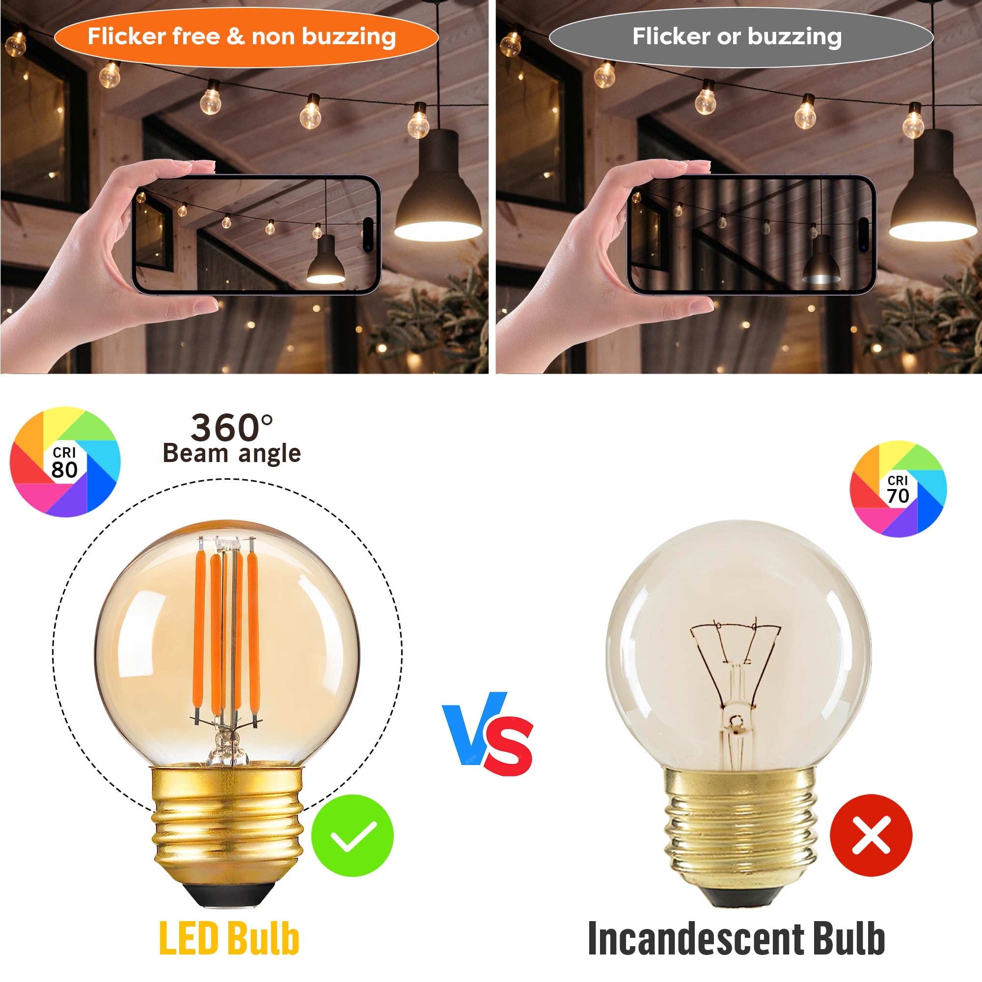 Dimmable Amber Led G16.5 Light Bulb 40W Type G Vintage Light Bulbs 4W(40W Equivalent),E26 Globe Bulb Small Round Night Light Bul