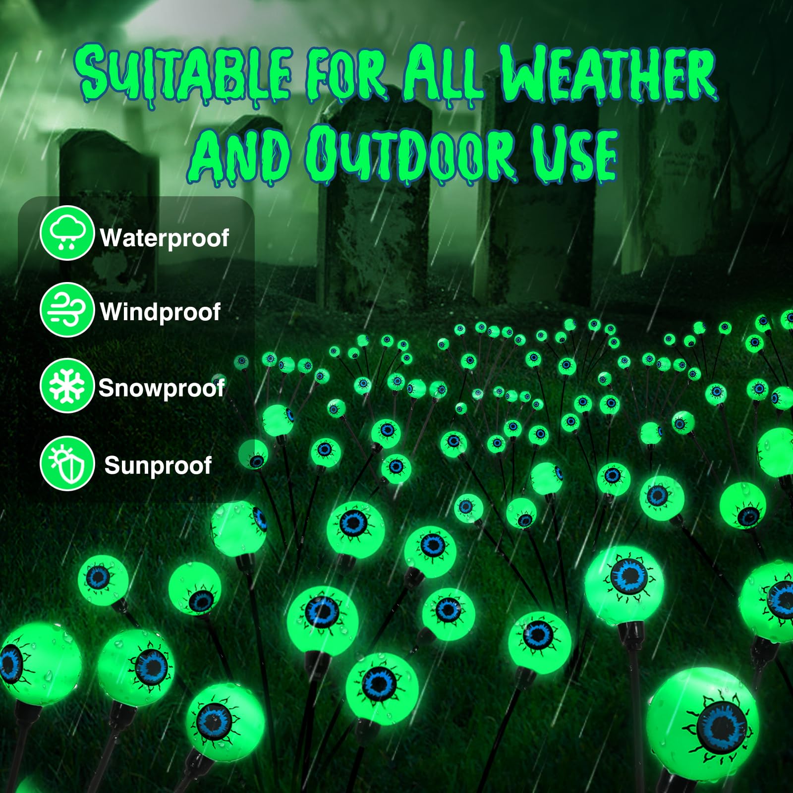 Lewondr Solar Garden Eyeball Lights, 6 Pack, Waterproof Firefly Lamps, Green, Model HD250147