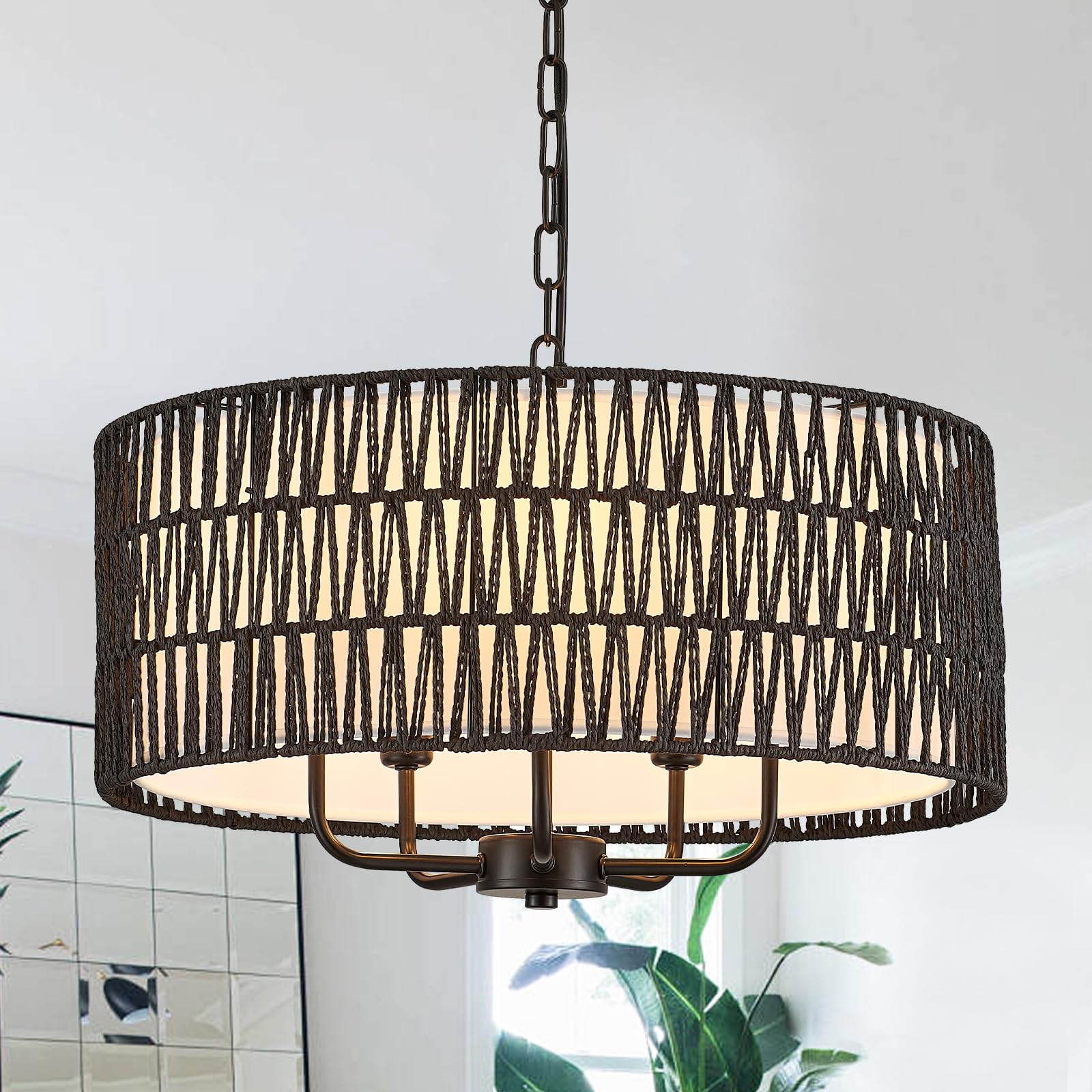 YOMECOO Boho Hand-Woven Black Rattan Chandelier with Linen Vintage Farmhouse Bamboo Drum Chandelier Light Fixture Modern Wicker 