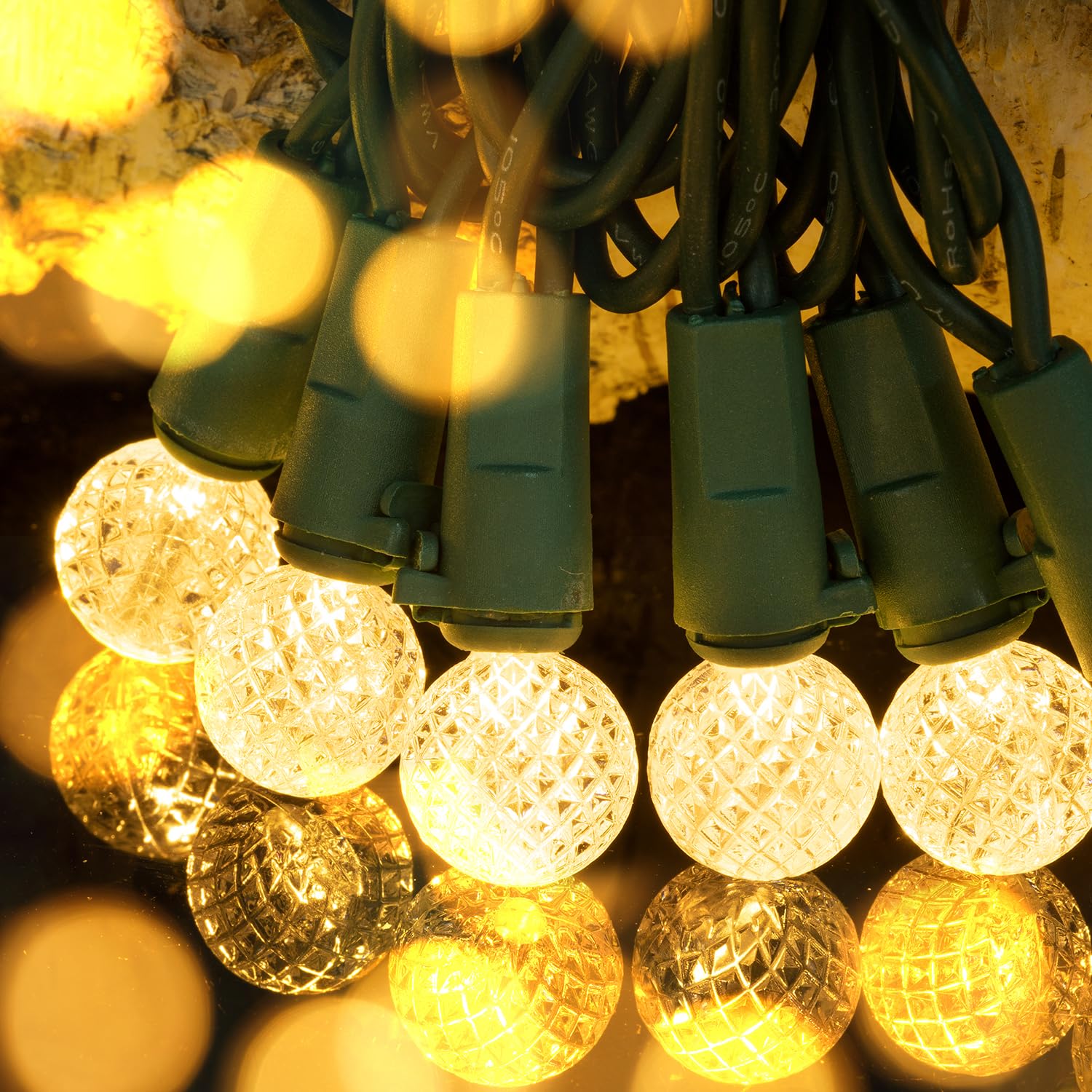 BOHON Christmas Lights Outdoor Faceted G15 50 LED 17ft Plug in Mini Globe String Lights Waterproof Extendable Green Wire for Ind