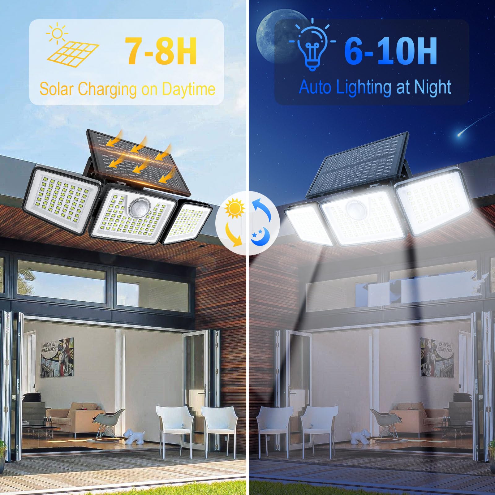 daphino Solar Lights Outdoor 2500LM Motion Sensor 3 Head Waterproof Security Lights, Non-Remote 2 Pcs, Black