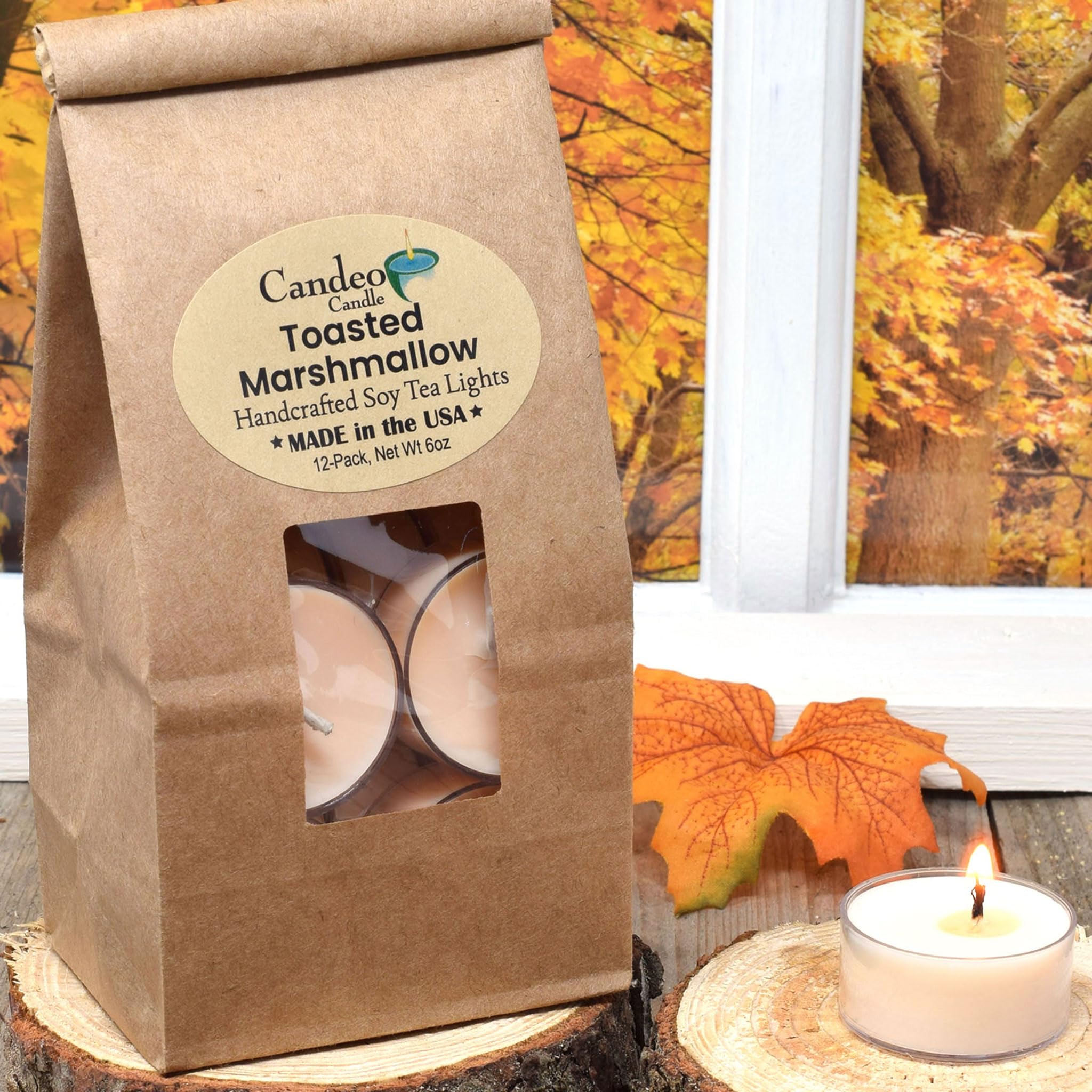 Toasted Marshmallow Scented - 12 Pack - Scented Tealight Candles - Soy Beeswax Blend - Handmade In The Usa - Candeo Candle - Fall Scents
