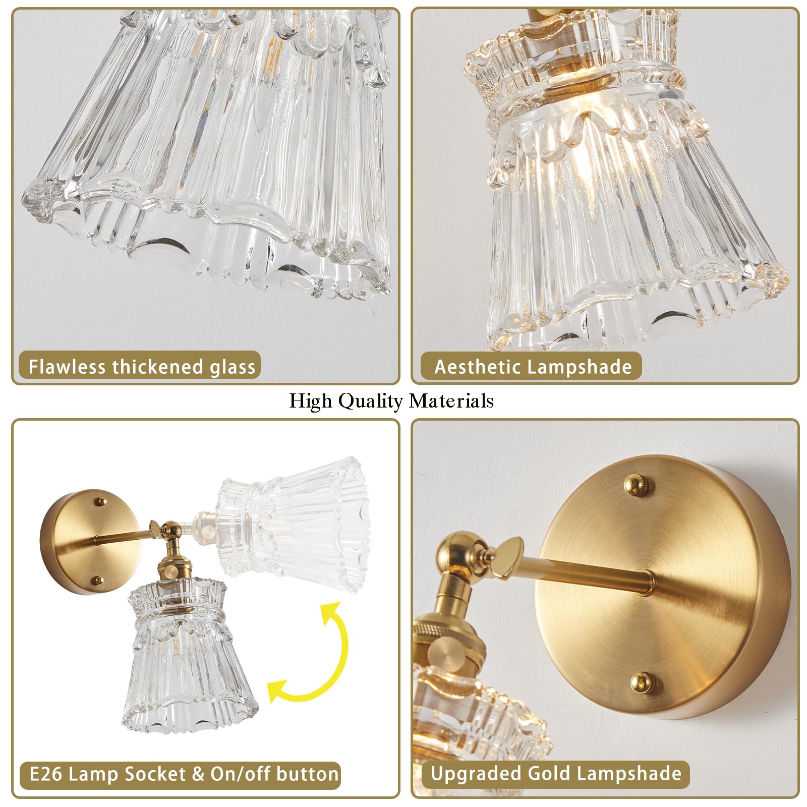 Bcgmyln Vintage Wall Sconce With Clear Striped Glass Shade 180 Degree Adjustable Brass Color Wall Sconce Hardwired Modern Wall W