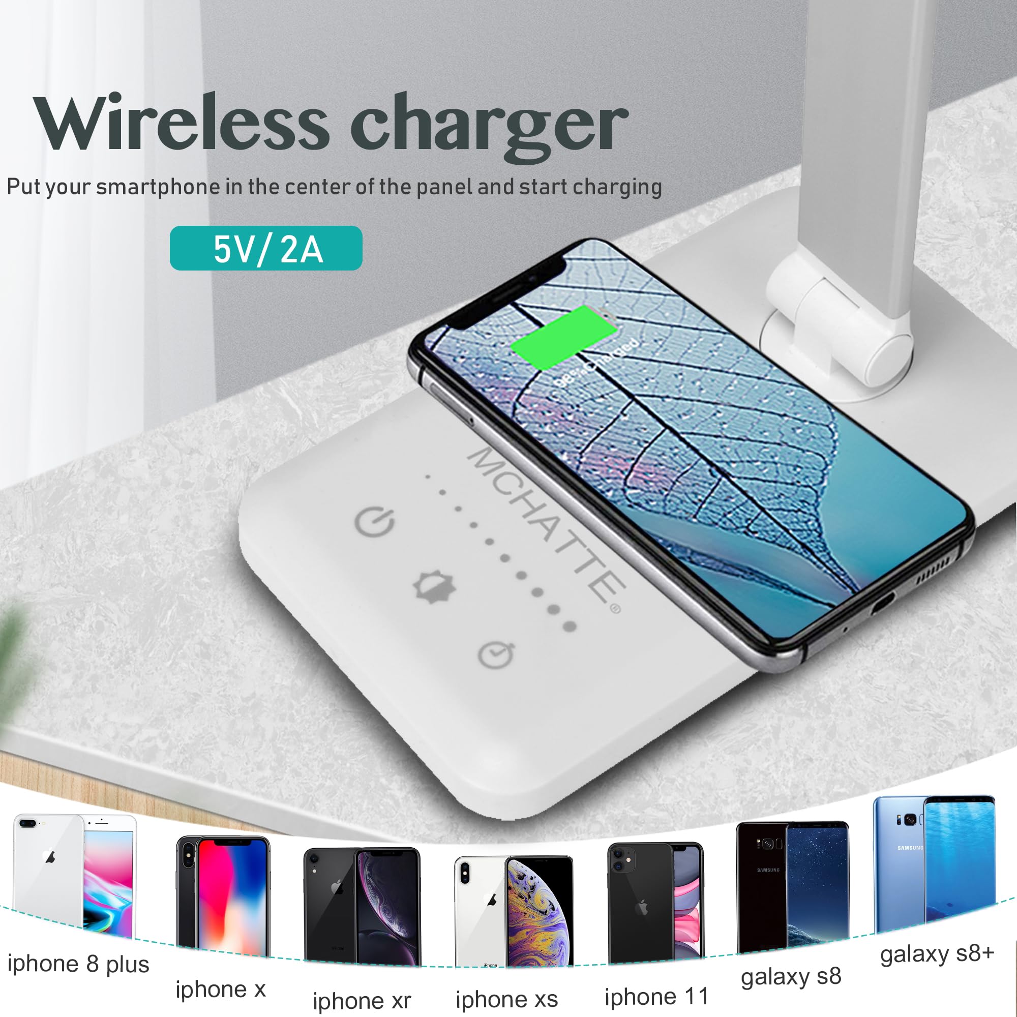 MCHATTE LED Desk Lamp - Dimmable, USB Charging, Touch Control, 5 Brightness Levels, White, Model E009A