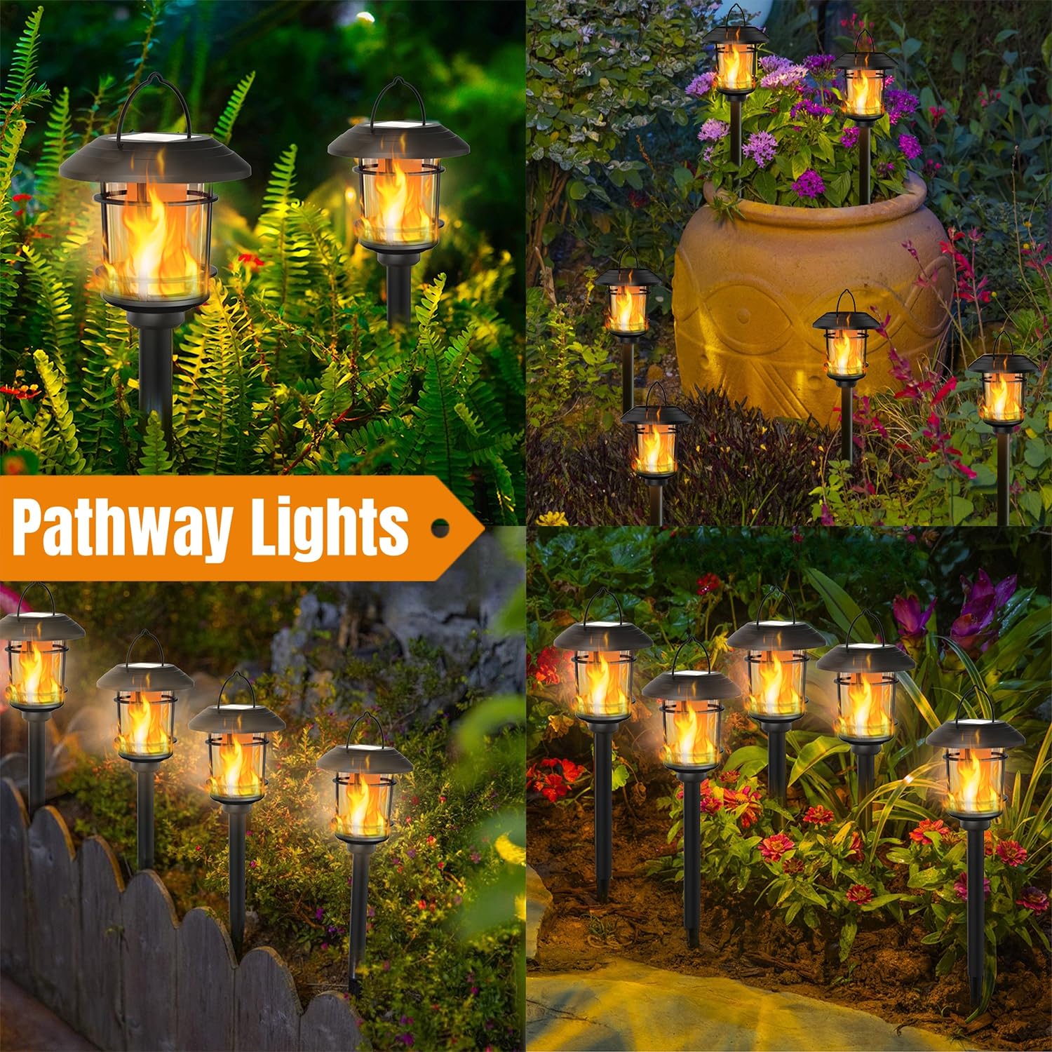 Dynaming 6 Pack Solar Flame Torch Lights Outdoor, Dual Use Flickering Flame Garden Light, Hanging Lantern Lights, Auto On/Off &