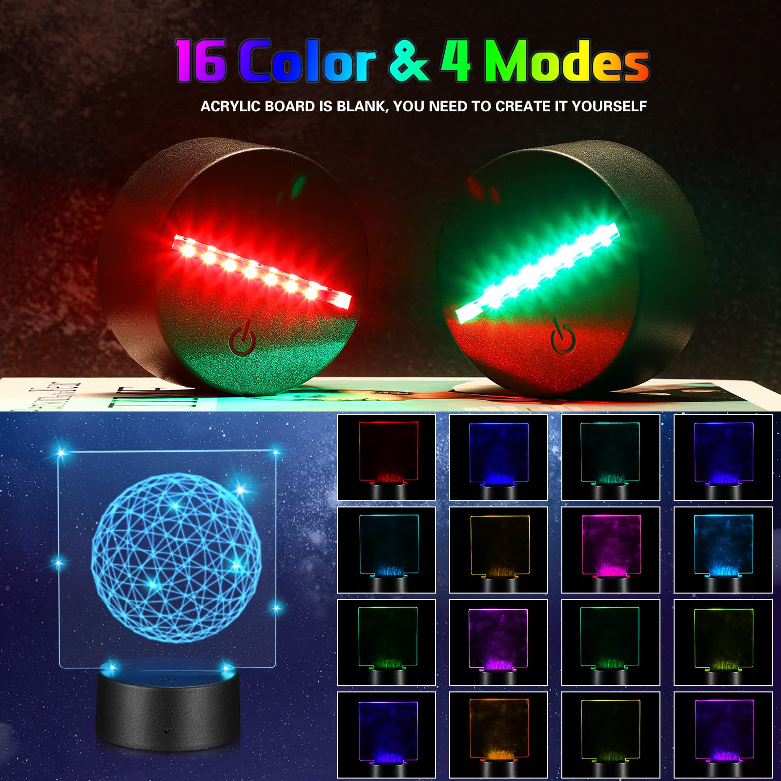 Riakrum 12-Piece LED Light Base Set with Remote Control, 16 Colors, 4 Modes, Square Acrylic Sheet, Clear and Black