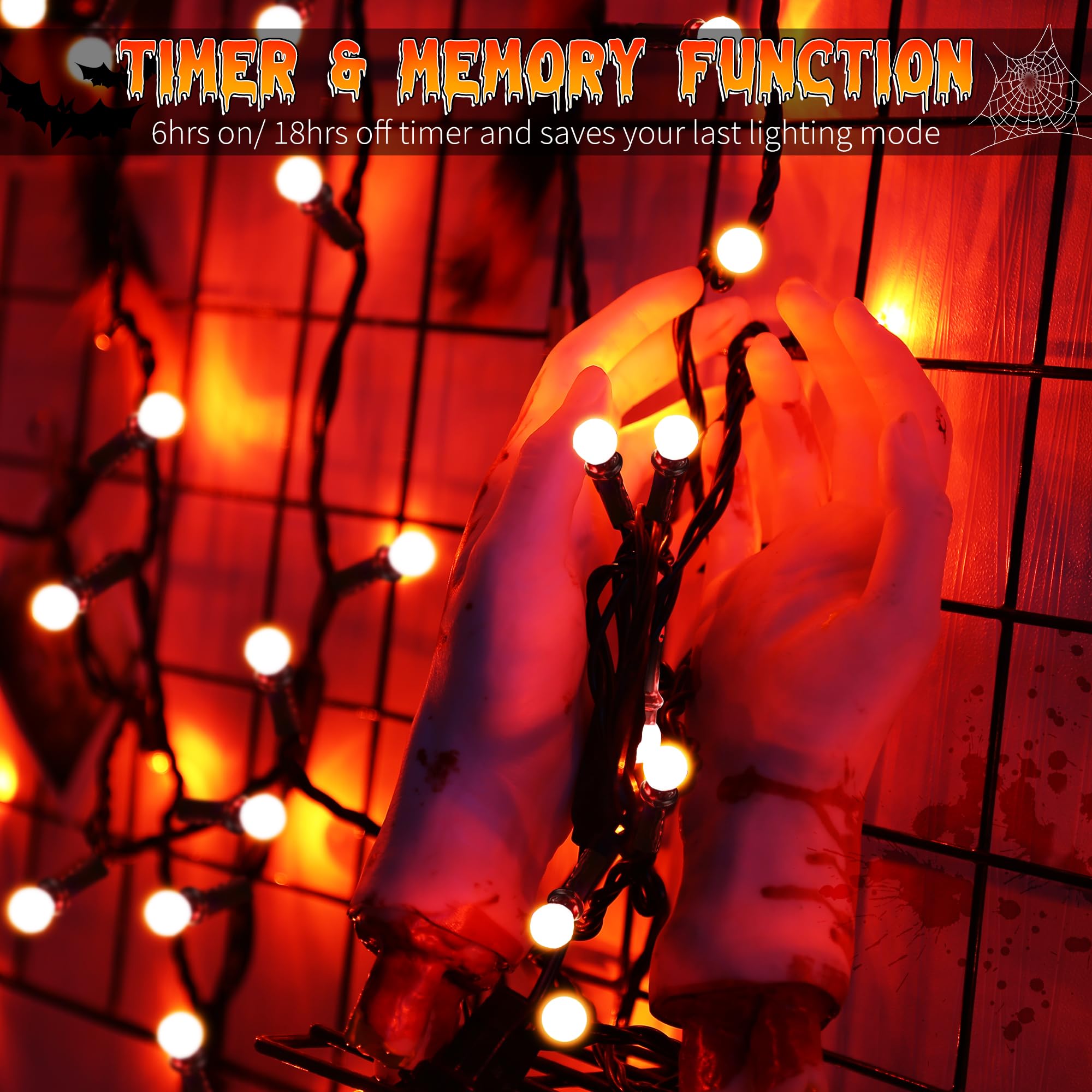Brizled Orange Halloween String Lights, 200 LED, 66ft, Connectable, 8 Modes, Timer, Outdoor/Indoor Use, Model FT4-200OCL-30