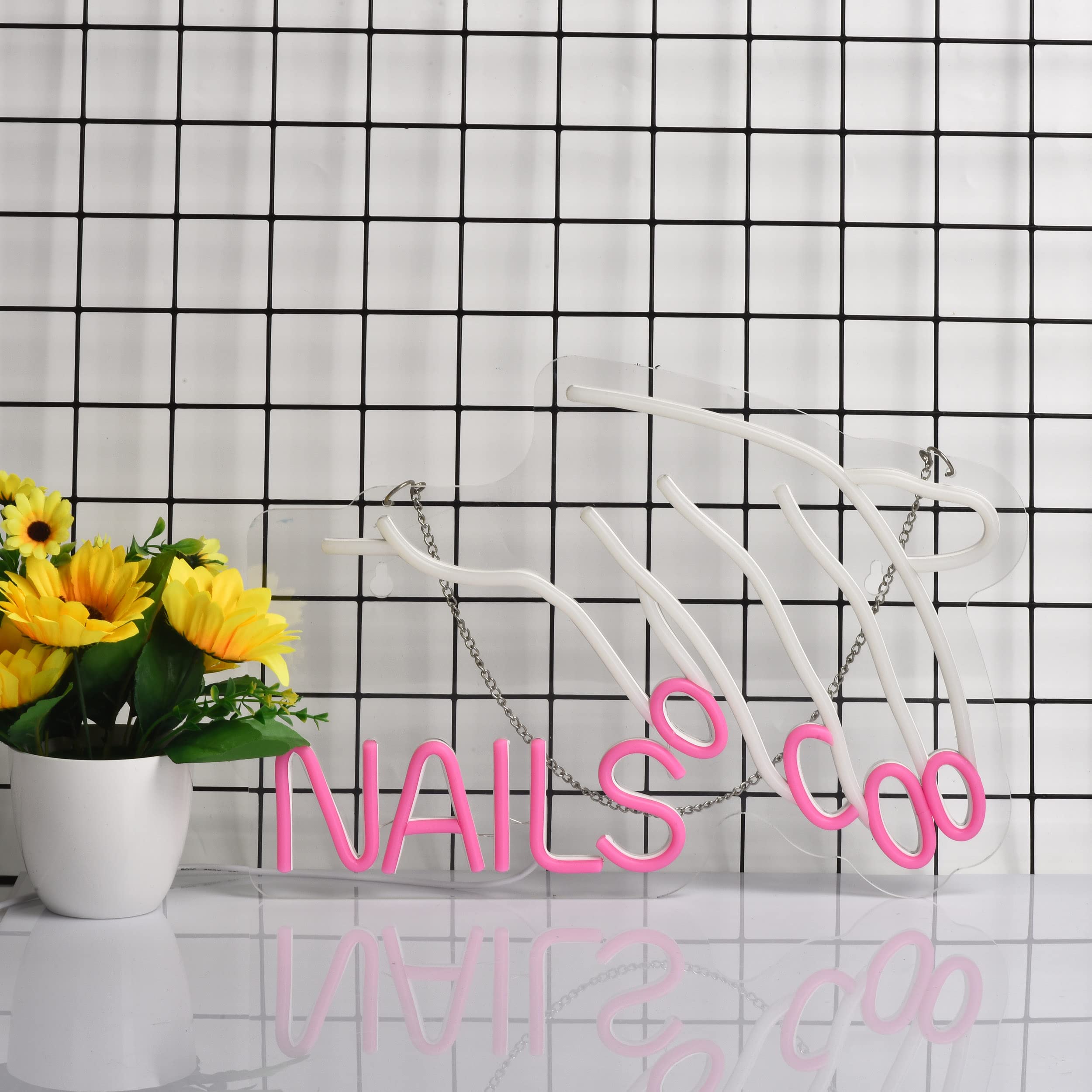 ZODZ Neon Light Sign for Nails Salon, Dimmable, USB Powered, 17x12 inches, White and Pink, Decorative Wall Decor