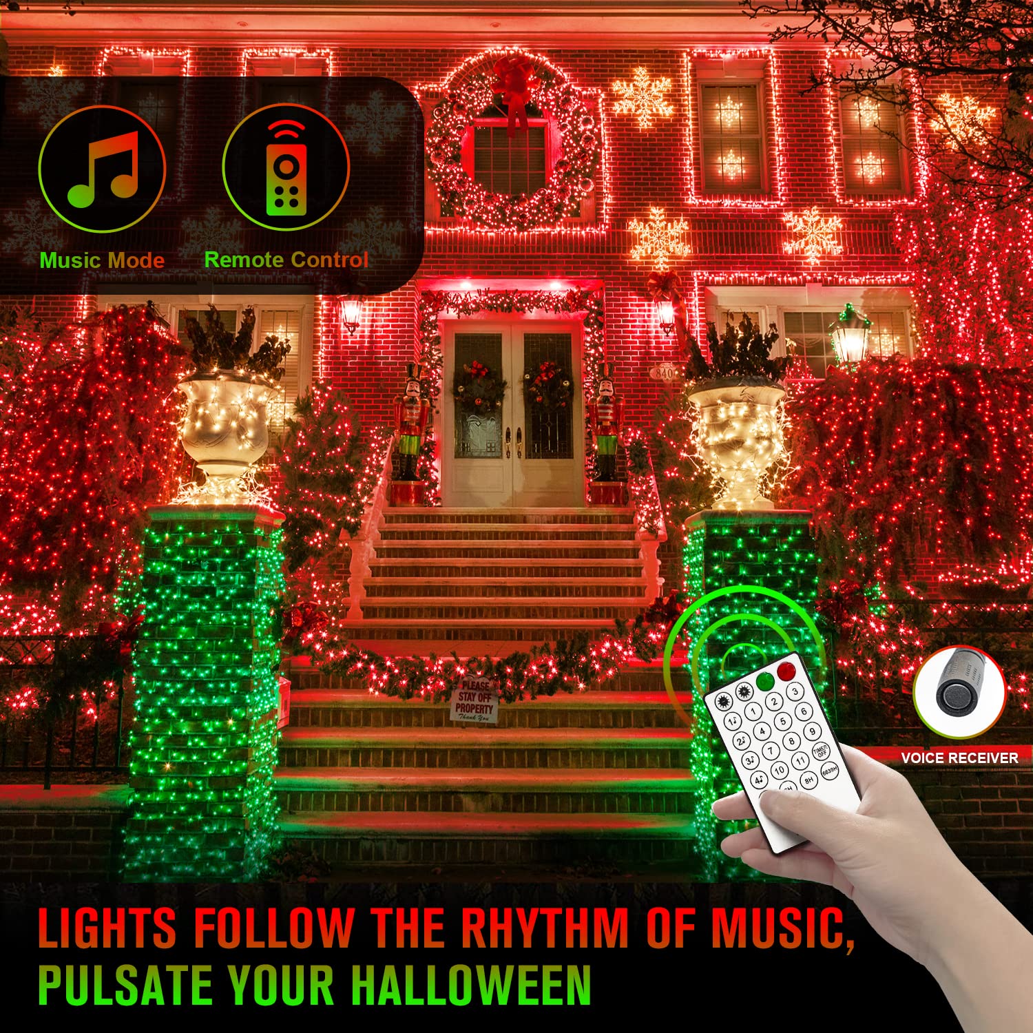 Jmexsuss 91.5Ft 250 Led Color Changing Halloween String Lights, 15 Modes Red & Green Halloween Lights Outdoor Waterproof With Music Modes, Remote Control Halloween Tree Lights For Halloween Decoration