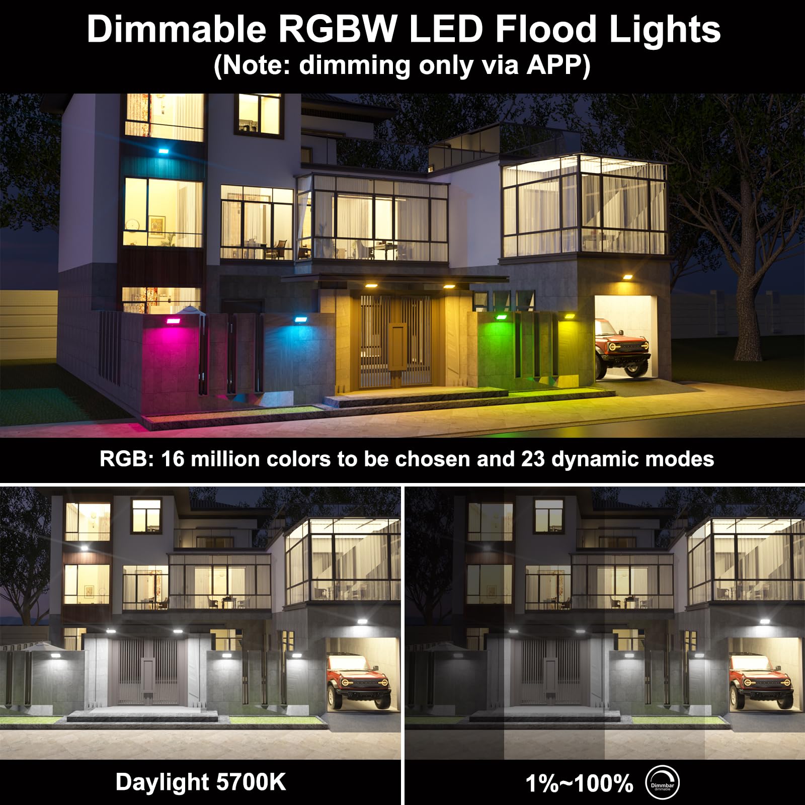 Taptoron 80W RGB Flood Lights - Bluetooth App Control, IP66 Waterproof, 4 Pack with Stake, DIY Scenes, Aluminum, Daylight 5700K