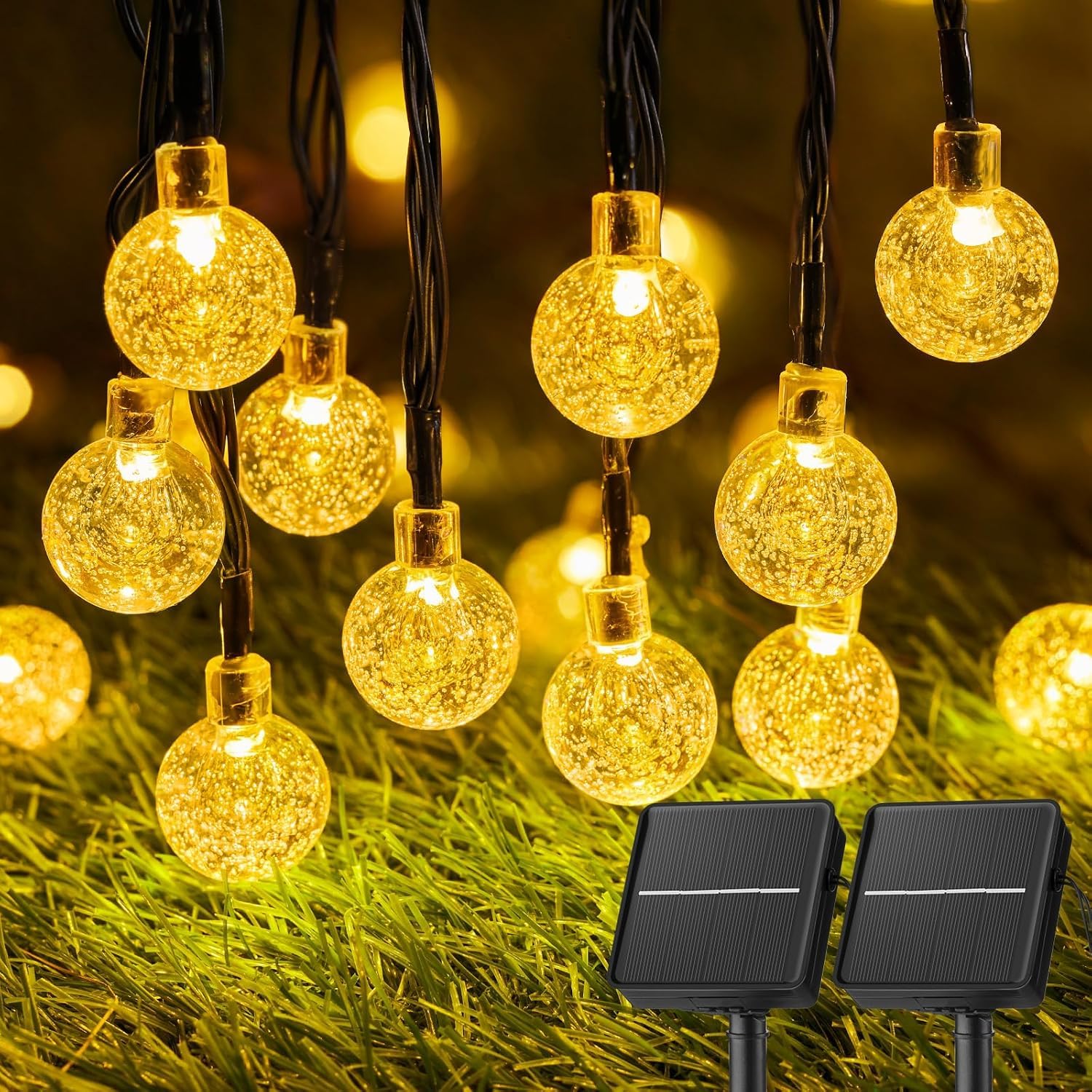 Solar String Lights Outdoor Waterproof  2 Pack 60 Led 36.5 Ft Each  Solar Powered Patio Lights With 8 Lighting Modes For Garden Yard Porch Wedding Party Decor (Warm White)