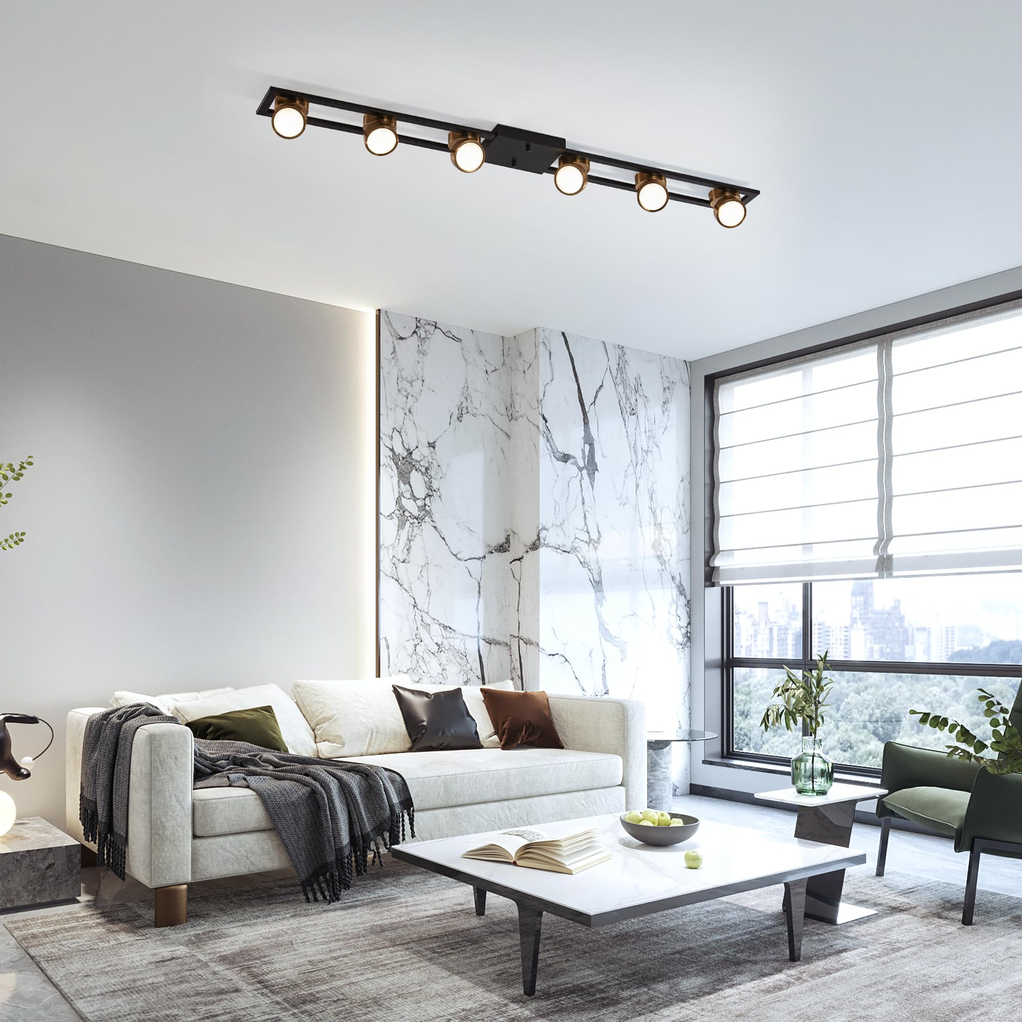 Garwarm Modern Ceiling Light, Dimmable LED Chandelier, 6-Light, 48.4 Inch, Black, Model TT-JD1605-6B-N