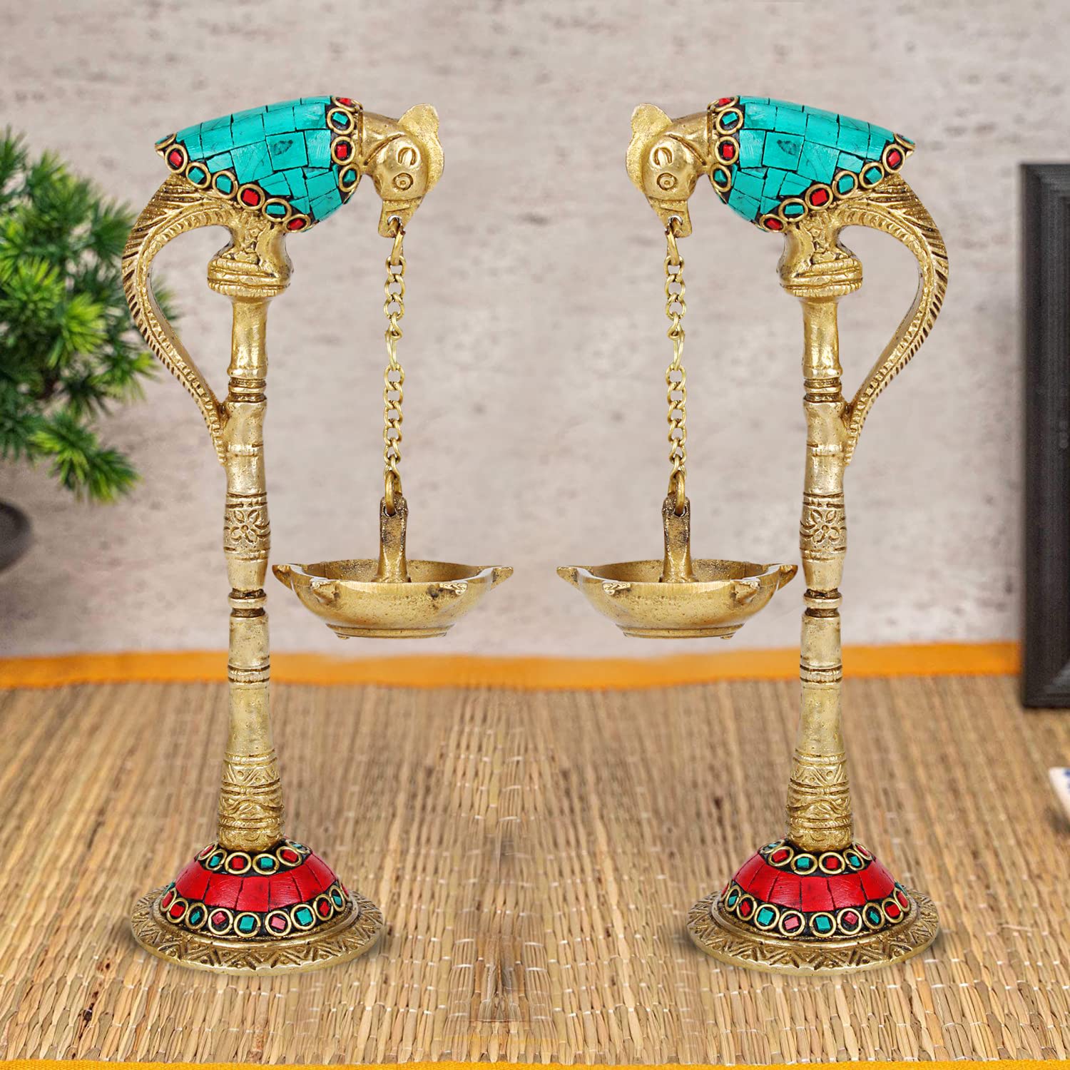 Kartique Brass Parrot Design Diya Hanging in Chain from Beak (Multi_2.3 Inch X 3.9 Inch X 7.4 Inch)