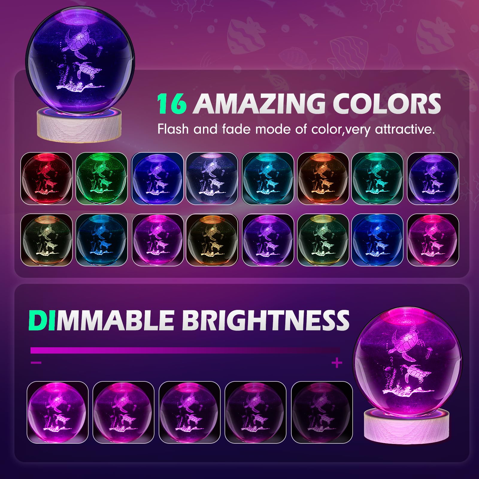 3D Sea Turtle Crystal Ball Night Light with Woodern Base, Large Sea Turtle Glass Ball Lamp 16 Colors with Remote Control Sea Tur