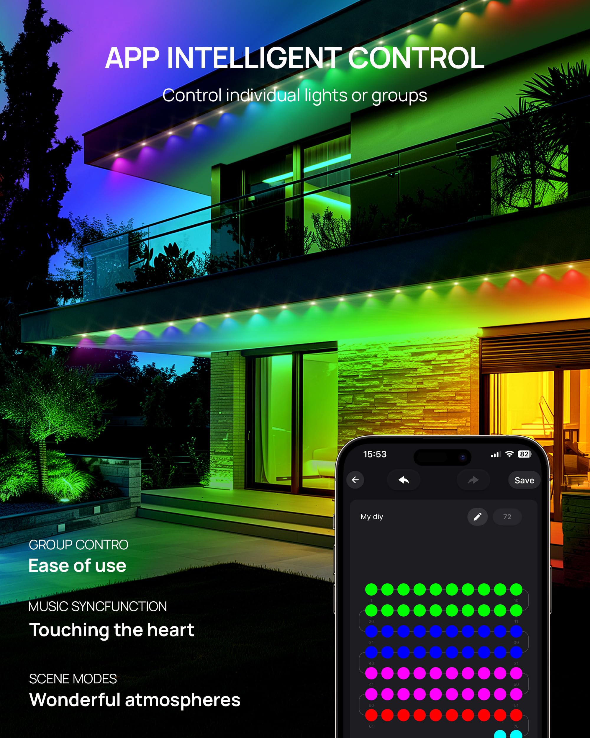 VCOKEN Outdoor Lights, 111ft Smart LED Eaves Lights, IP65 Waterproof, Red, Model AED36H-2401500VLSO8
