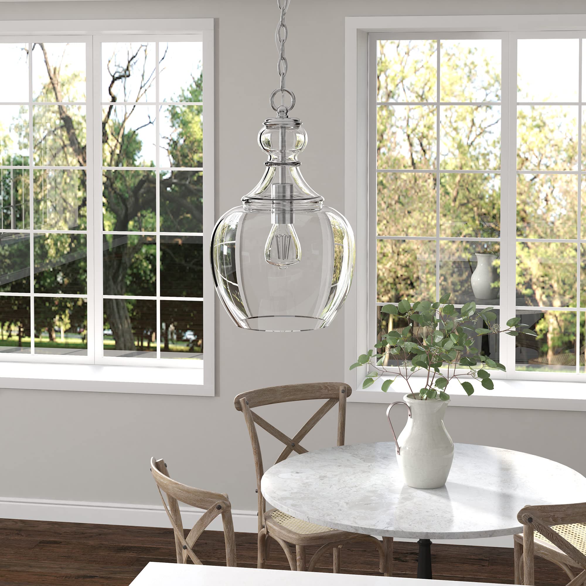 Henn&Hart Pendant Light Fixture, 11in Wide, Brushed Nickel/Clear Glass Shade, Model PD1069, Ideal for Kitchen or Living Room