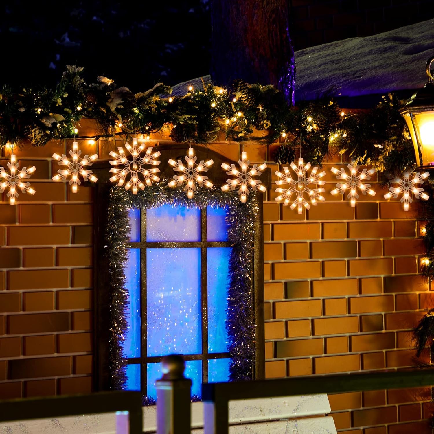 Snowflake Christmas String Lights With 9 Drops - 13Ft 150 Mini Bulb Icicle Lights With Hooks, Plug-In Connectable Hanging Lights