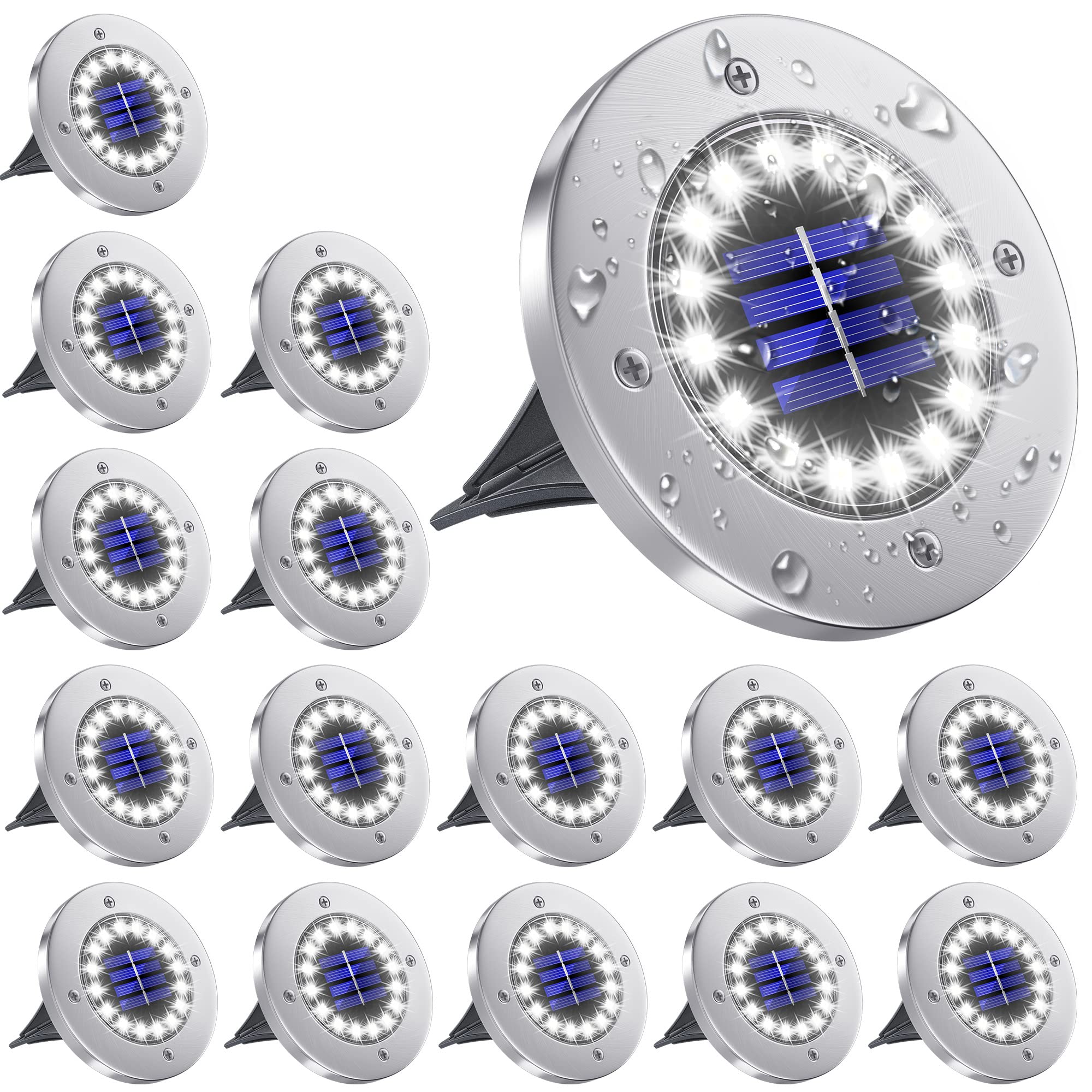 NFESOLAR Solar Ground Lights, 16 Pack, 16 LEDs, Waterproof, for Pathway, Garden, Lawn, Driveway, White