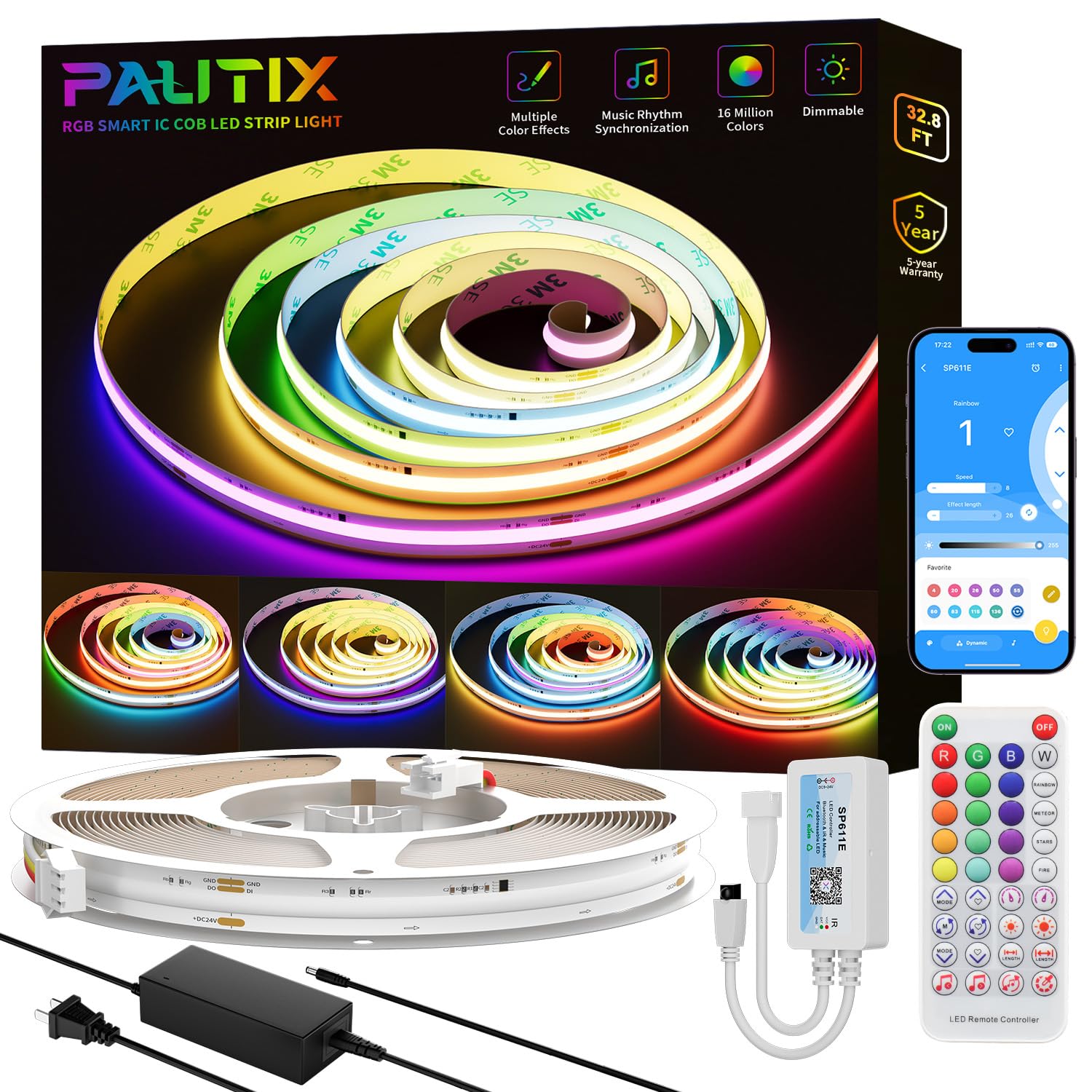 Pautix 32.8Ft Rgb Smart Ic Cob Led Strip Light, App Control, Music Mode, Ul-Listed