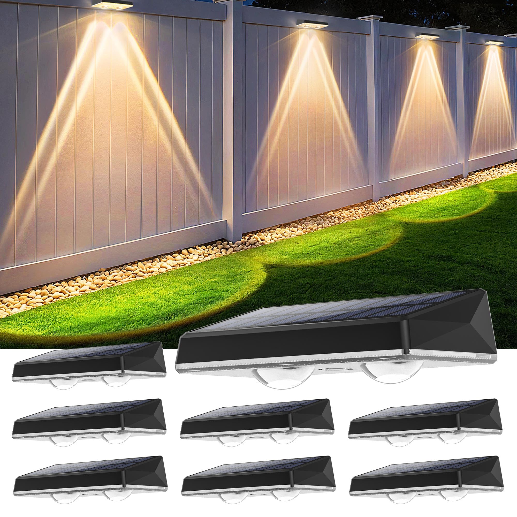 Solar Fence Lights Outdoor  8-Pack 120LM Fence Lights Solar Powered  IP67 Waterproof Dusk to Dawn Auto On/Off 12+ Hours for Outside/Backyard/Wall/Step/Patio/Deck/Pool (Warm White & RGB 7 Colors)
