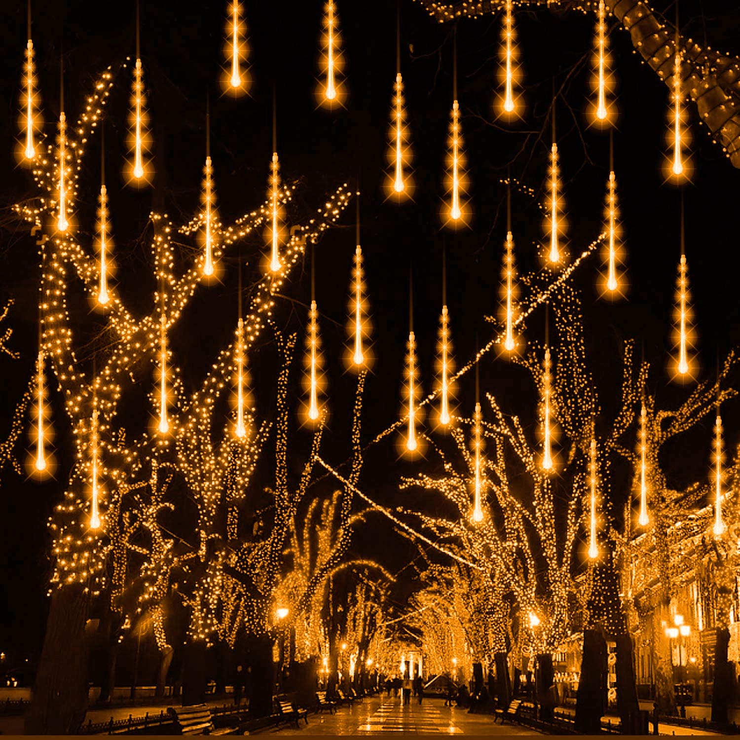 FUNPENY Meteor Shower Rain Lights, 288 LED Warm White Icicle Lights, 30cm, Outdoor Holiday Decoration