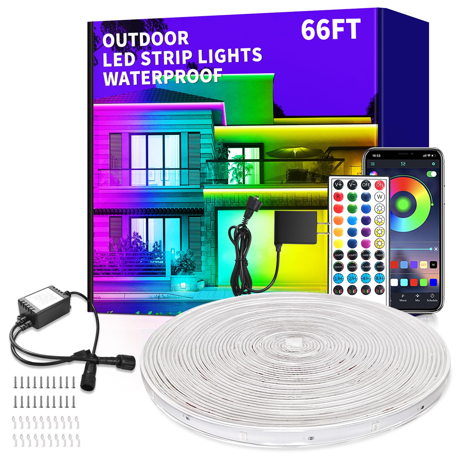 vimeepro Outdoor LED Strip Lights Waterproof,66ft Outdoor Lights with App/Remote Control, IP68 Waterproof, Music Sync led Lights